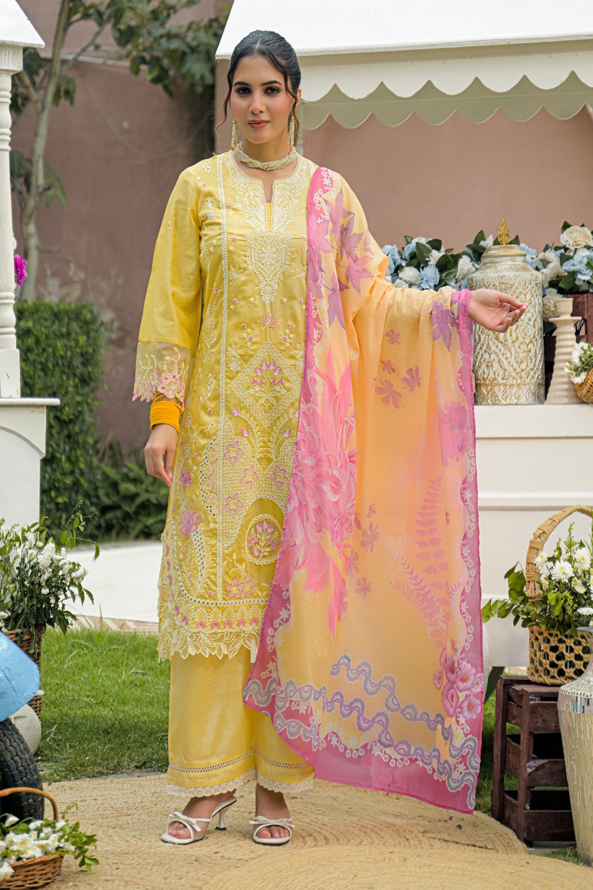 Lemon Yellow Chanderi Embroidered Straight Suit Set With Dupatta