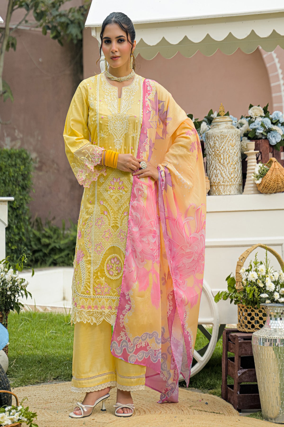 Lemon Yellow Chanderi Embroidered Straight Suit Set With Dupatta