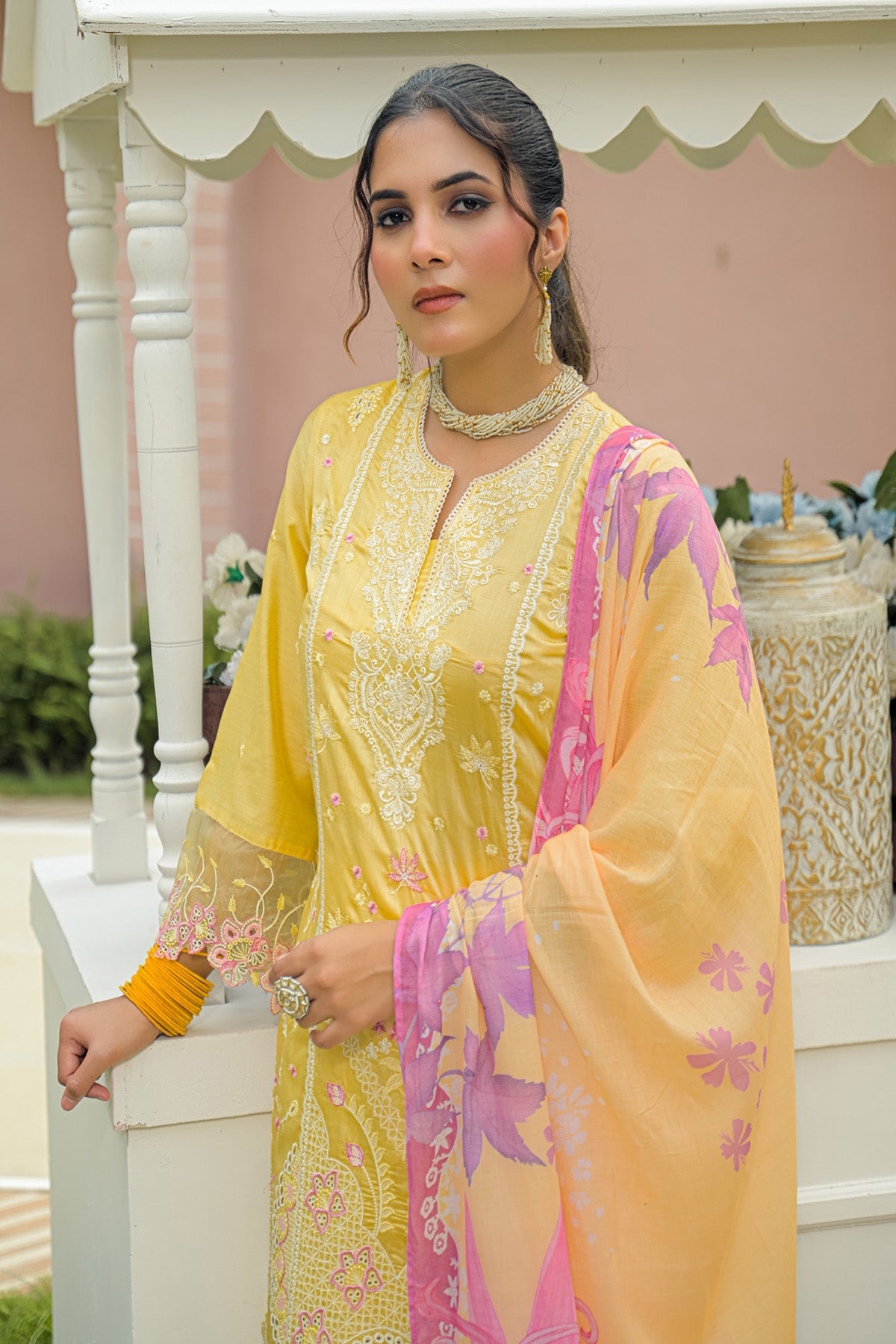 Lemon Yellow Chanderi Embroidered Straight Suit Set With Dupatta