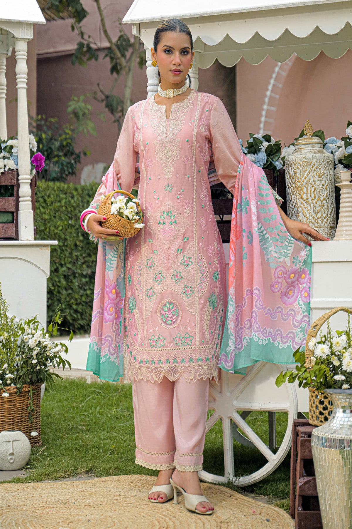Dusty Pink Chanderi Embroidered Straight Suit Set With Dupatta