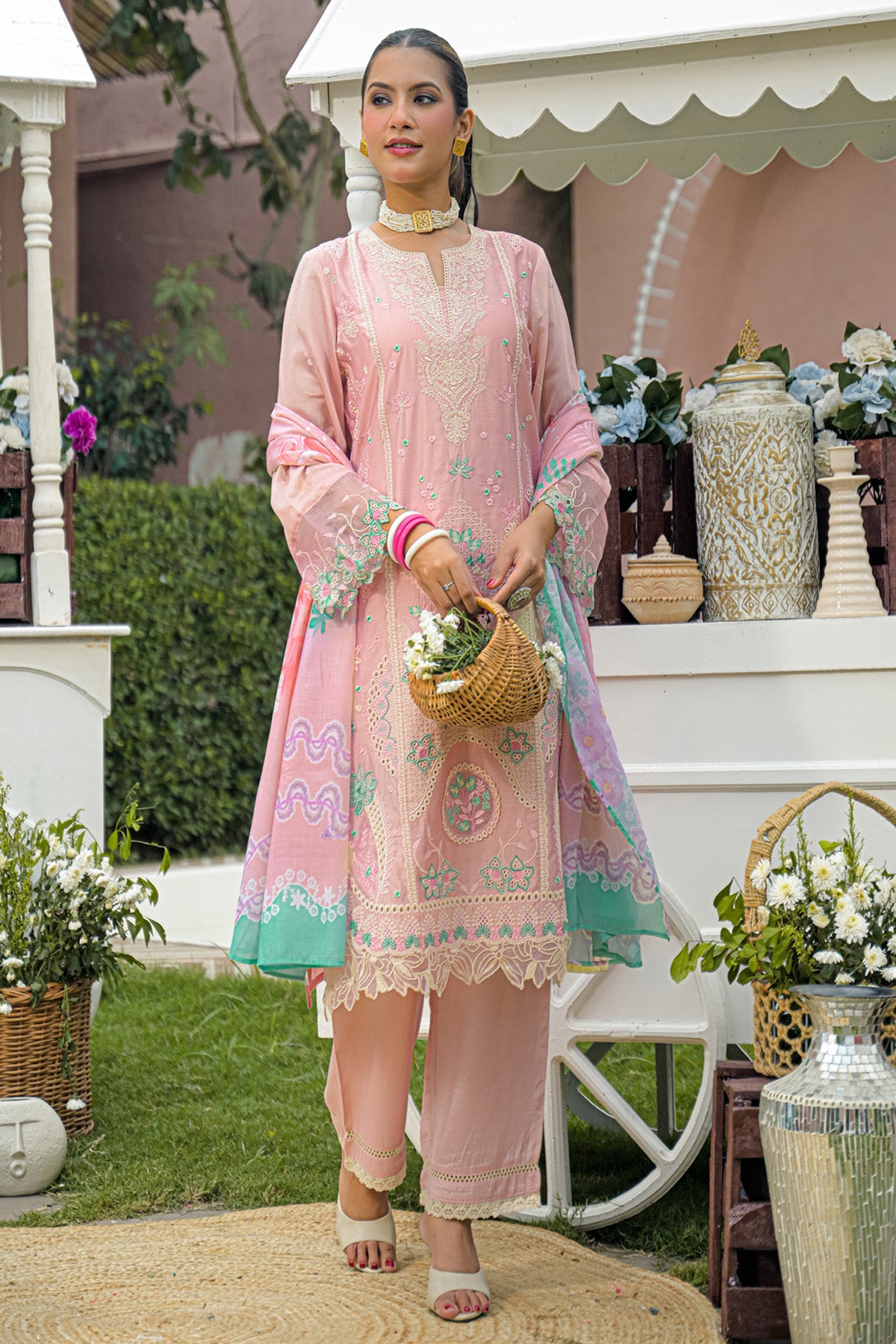 Dusty Pink Chanderi Embroidered Straight Suit Set With Dupatta