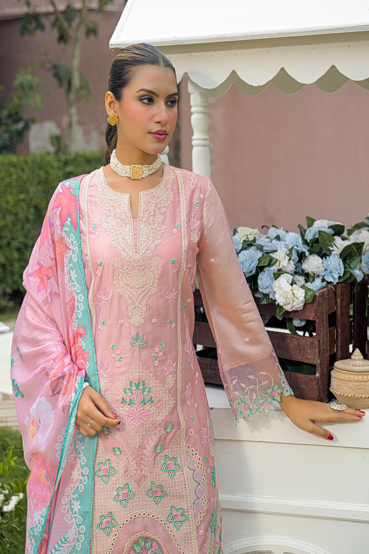 Dusty Pink Chanderi Embroidered Straight Suit Set With Dupatta