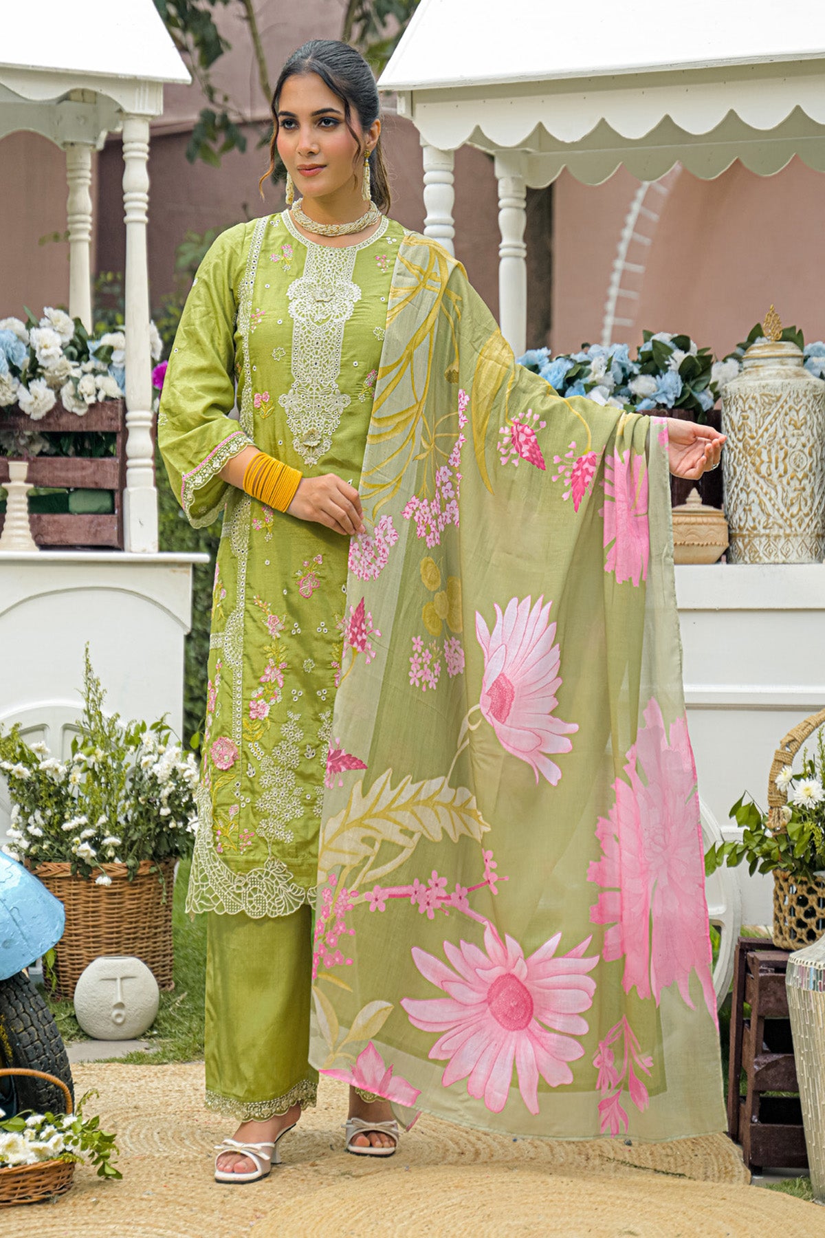 Olive Green Dola Silk Embroidered Straight Suit Set With Dupatta