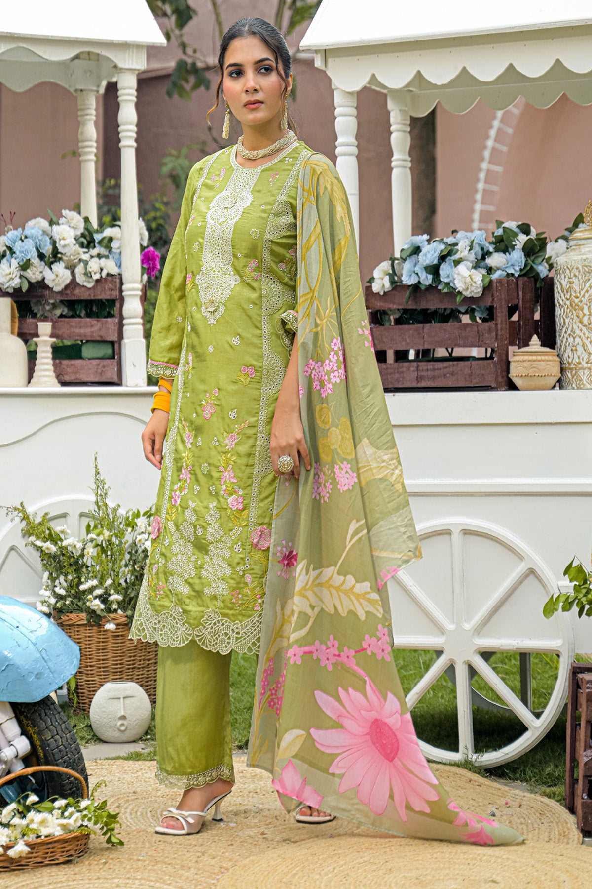 Olive Green Dola Silk Embroidered Straight Suit Set With Dupatta