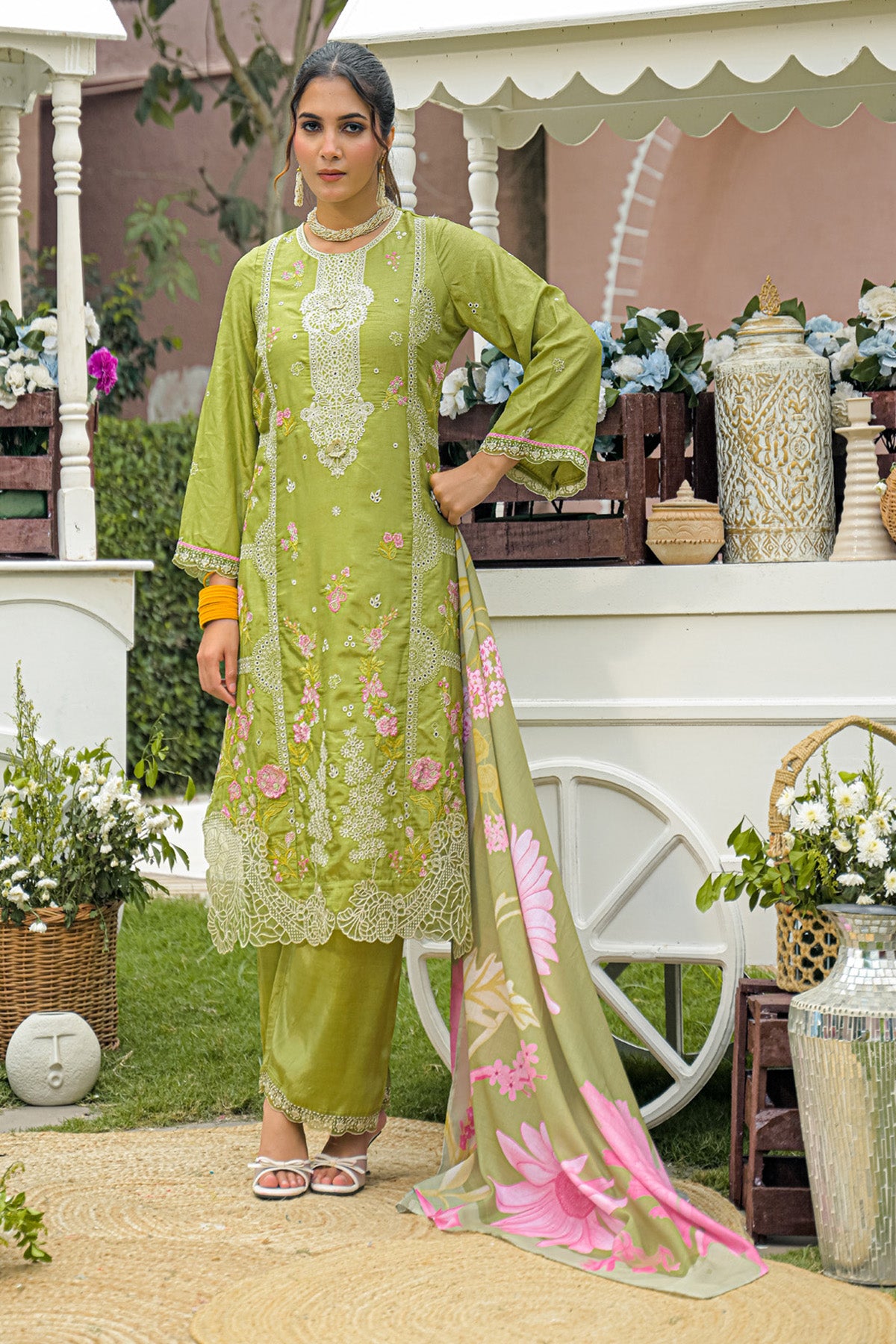 Olive Green Dola Silk Embroidered Straight Suit Set With Dupatta