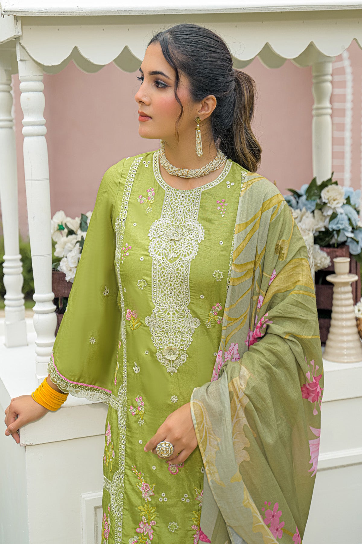 Olive Green Dola Silk Embroidered Straight Suit Set With Dupatta