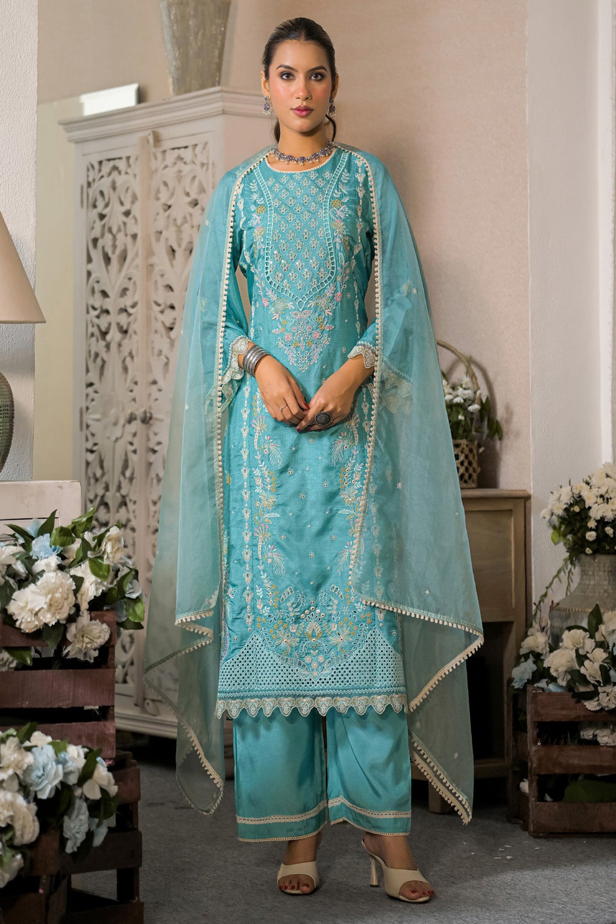 Teal Blue Dola Silk Embroidered Straight Suit Set With Dupatta