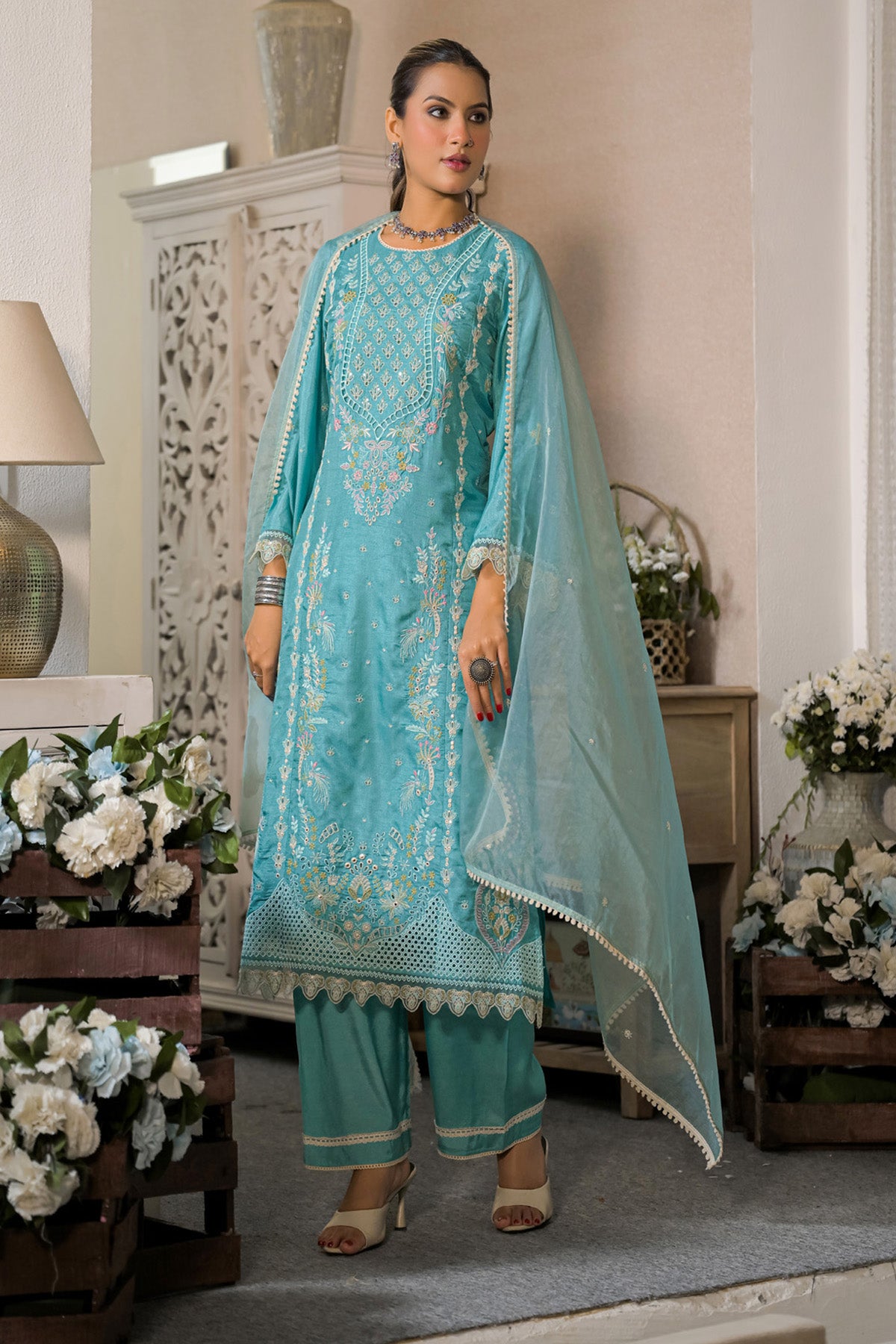 Teal Blue Dola Silk Embroidered Straight Suit Set With Dupatta