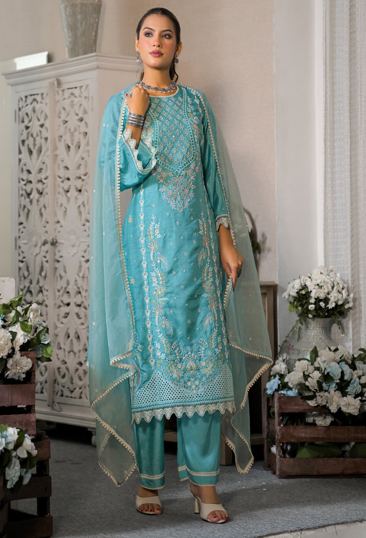 Teal Blue Dola Silk Embroidered Straight Suit Set With Dupatta