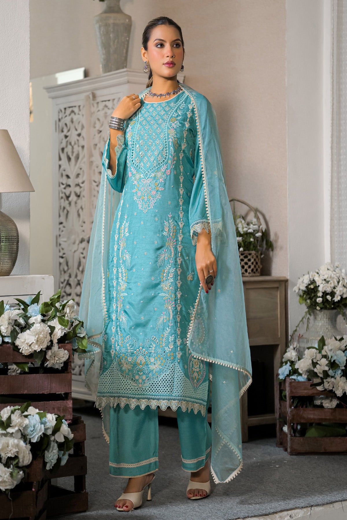 Teal Blue Dola Silk Embroidered Straight Suit Set With Dupatta