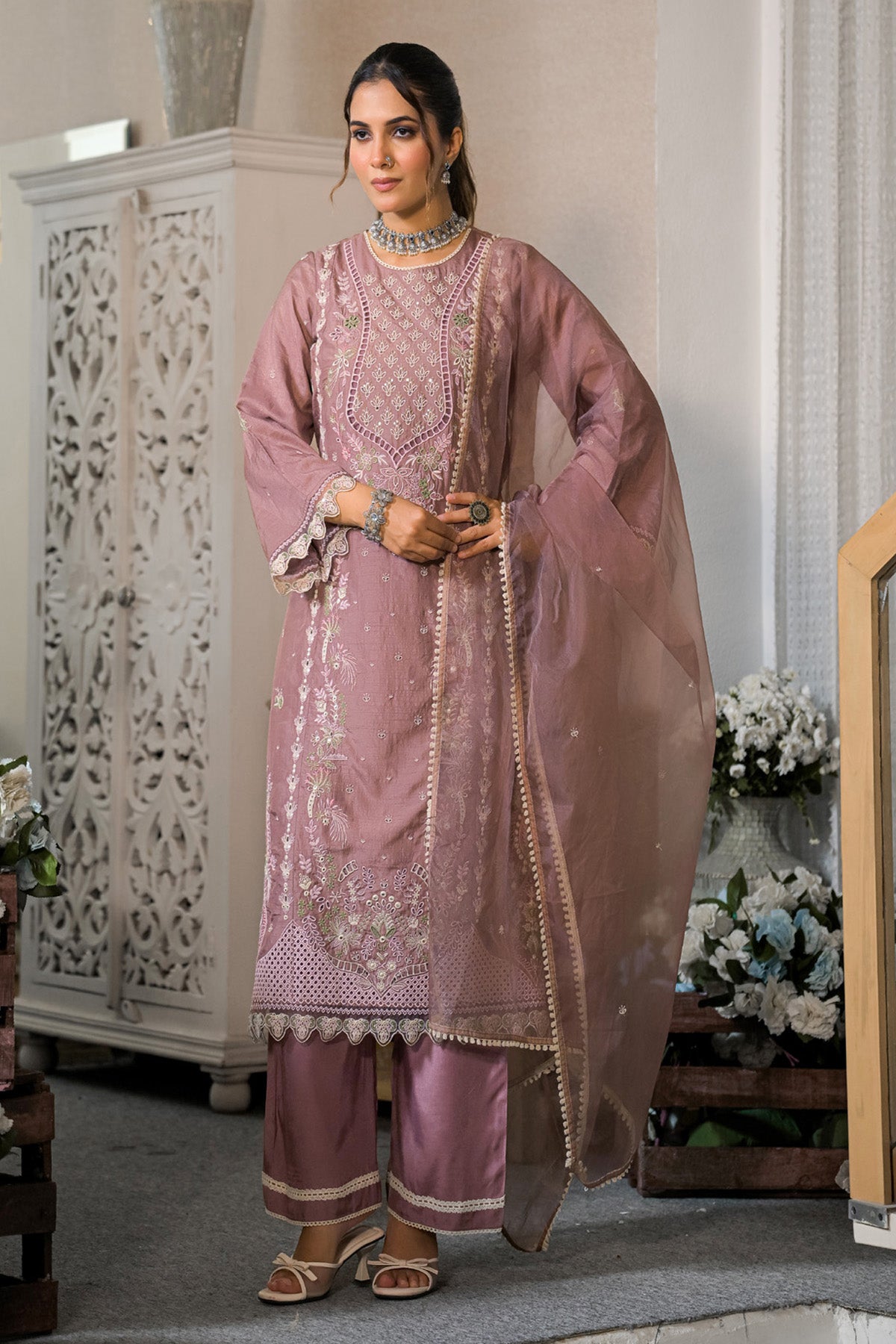 Mauve Dola Silk Embroidered Straight Suit Set With Dupatta