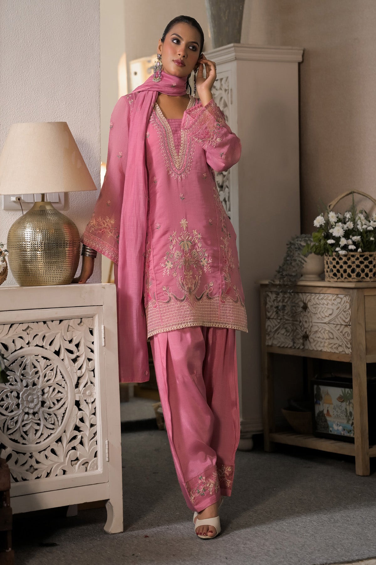 Rose Pink Mul Chanderi Embroidered Farshi Suit Set With Dupatta