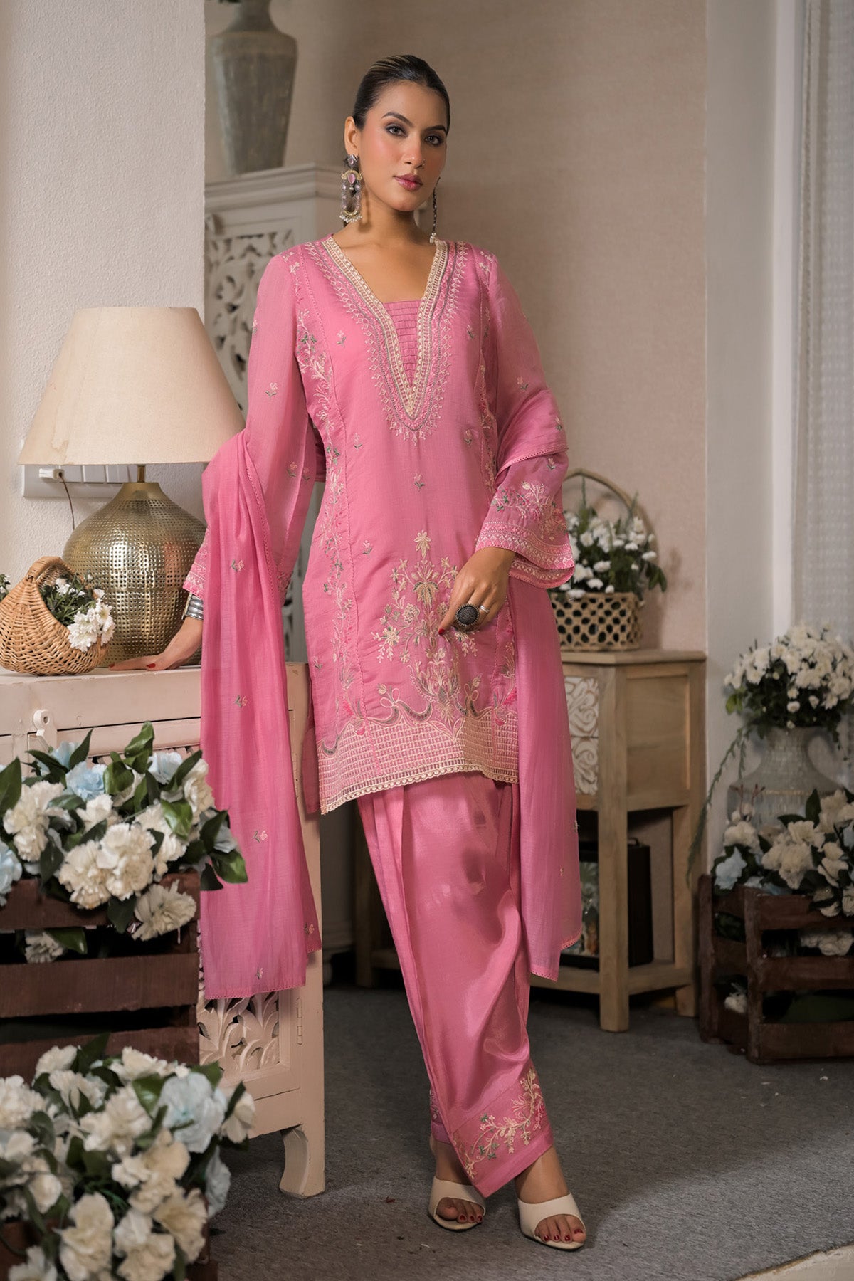 Rose Pink Mul Chanderi Embroidered Farshi Suit Set With Dupatta