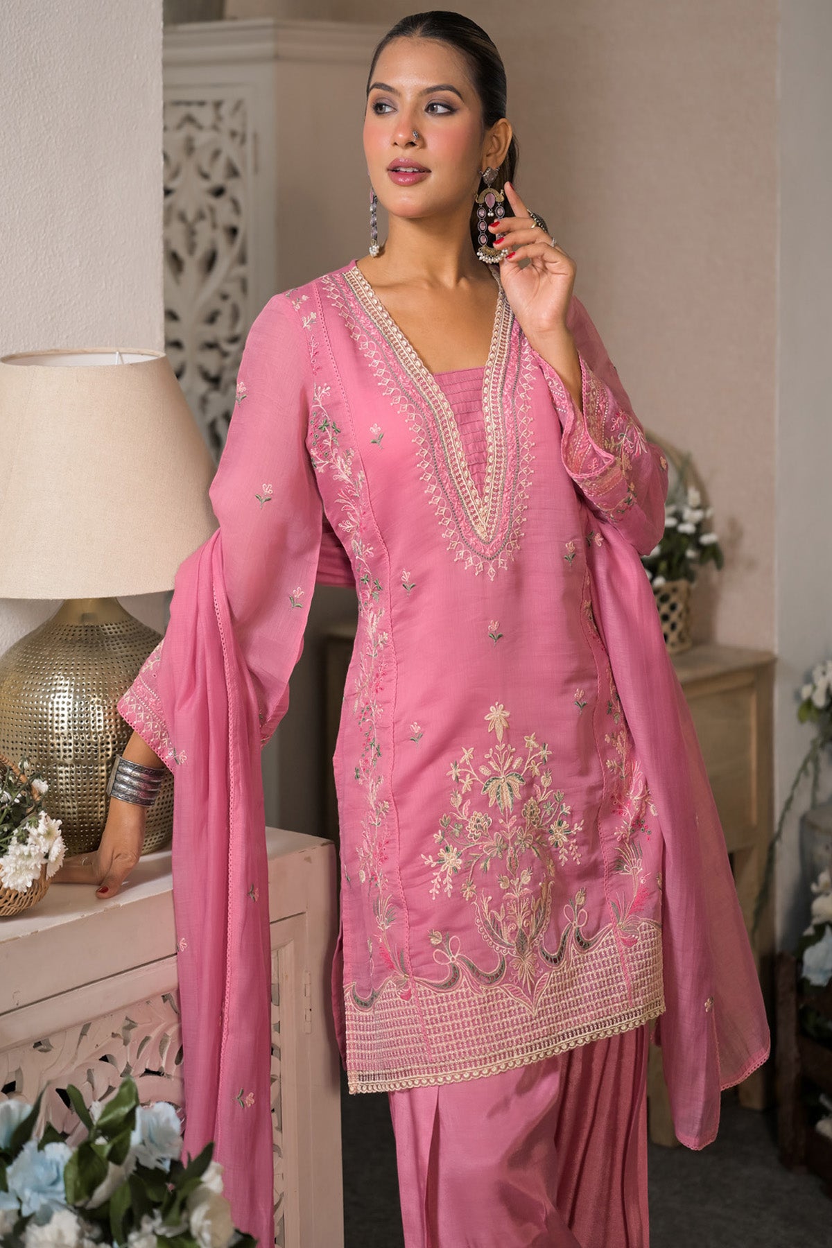 Rose Pink Mul Chanderi Embroidered Farshi Suit Set With Dupatta