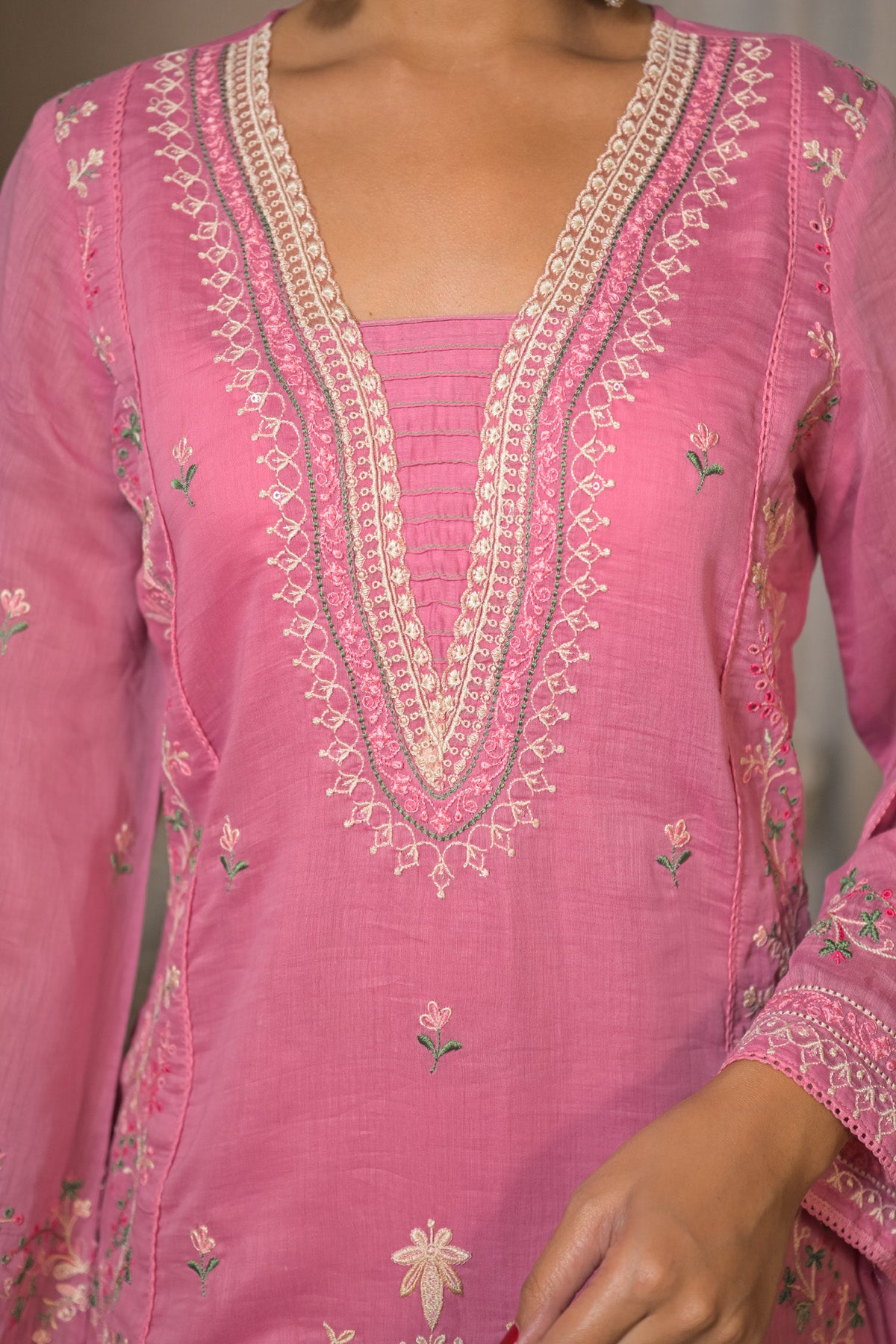 Rose Pink Mul Chanderi Embroidered Farshi Suit Set With Dupatta