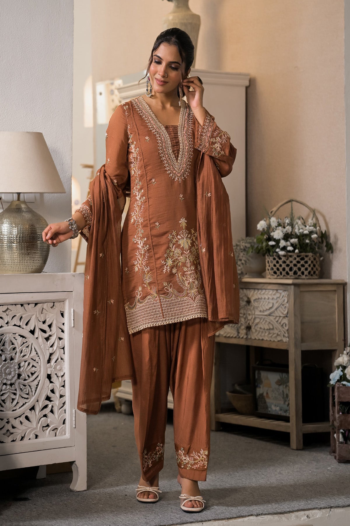 Rust Brown Mul Chanderi Farshi Suit Set With Dupatta