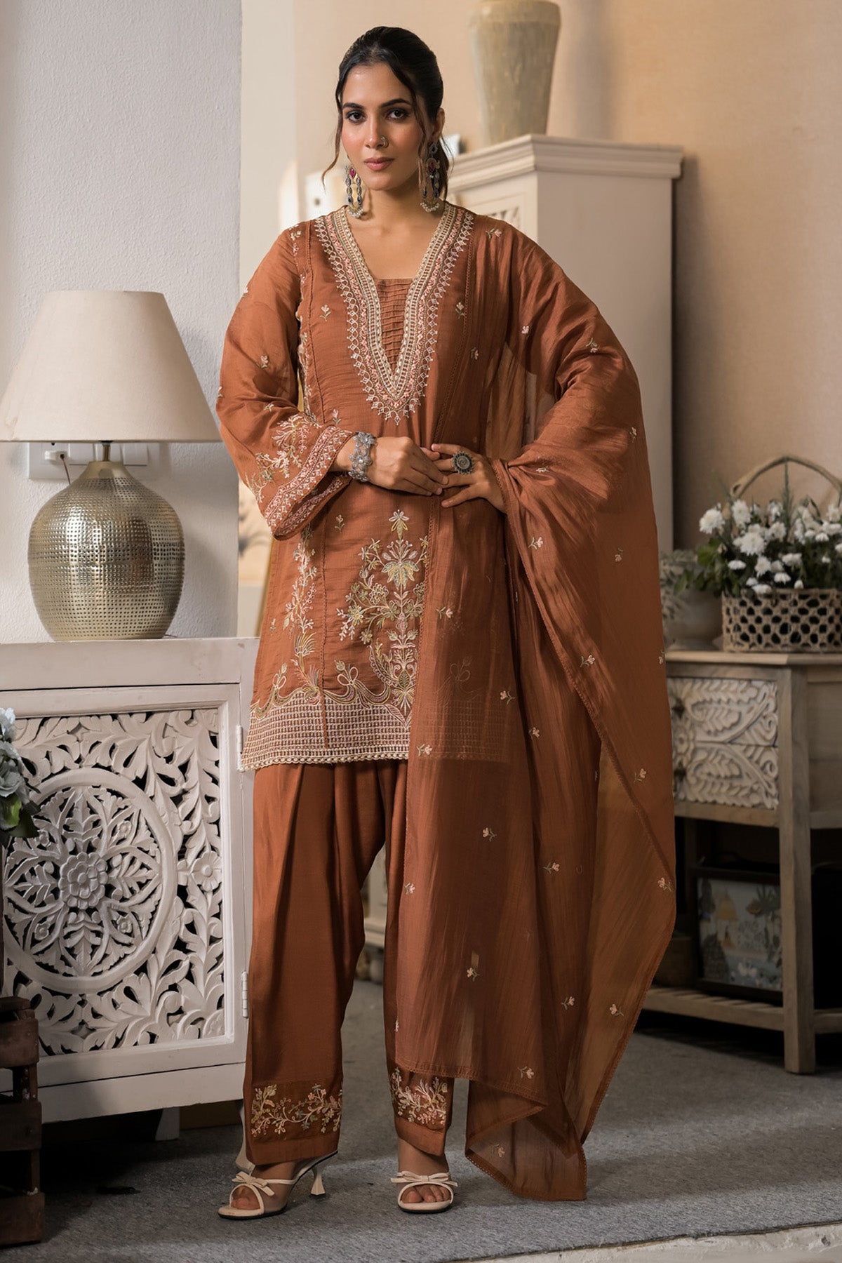 Rust Brown Mul Chanderi Farshi Suit Set With Dupatta