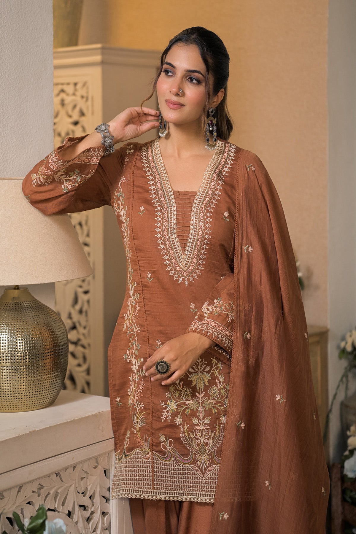 Rust Brown Mul Chanderi Farshi Suit Set With Dupatta