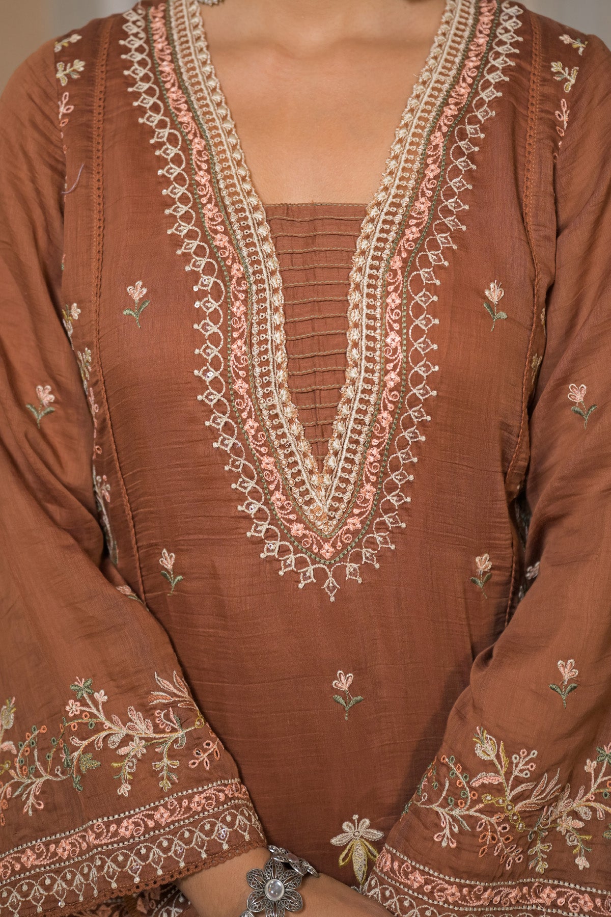 Rust Brown Mul Chanderi Farshi Suit Set With Dupatta