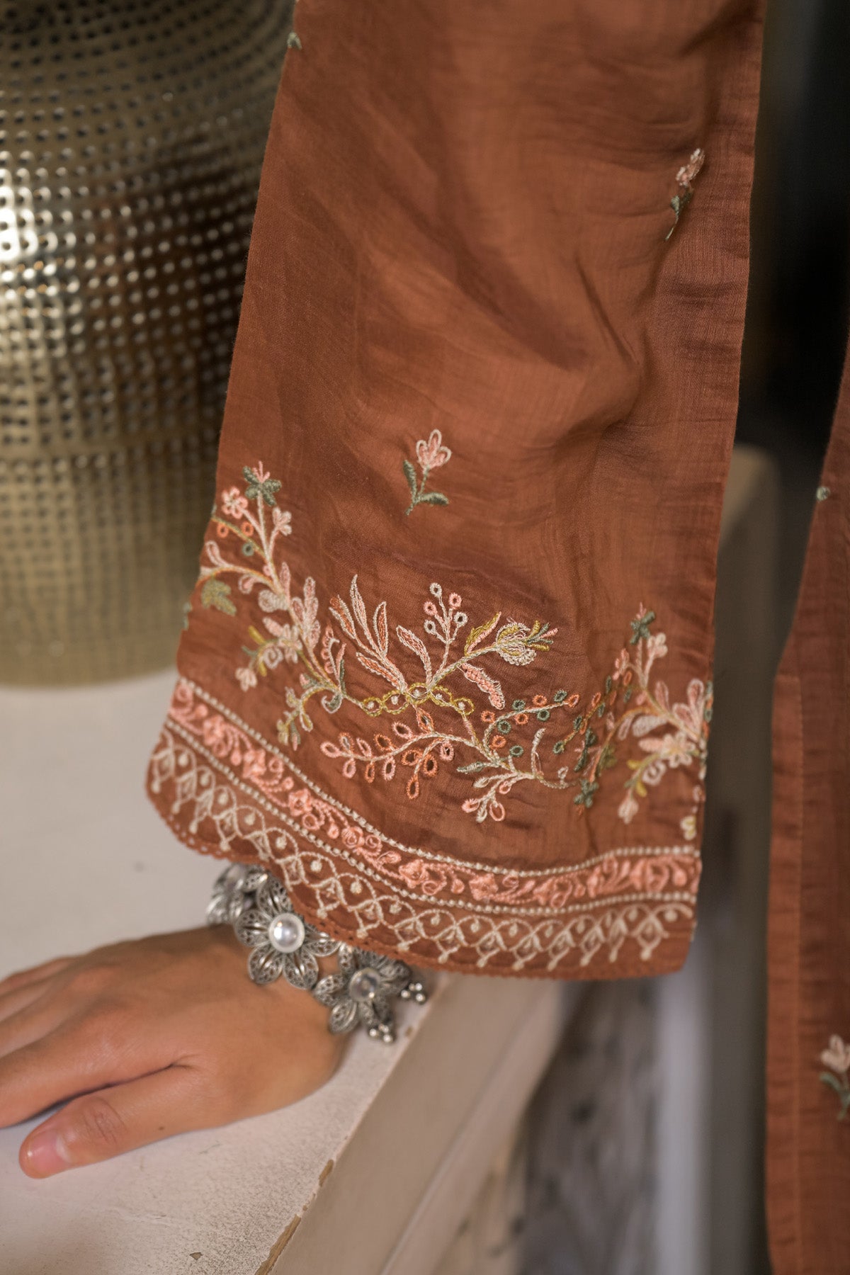 Rust Brown Mul Chanderi Farshi Suit Set With Dupatta