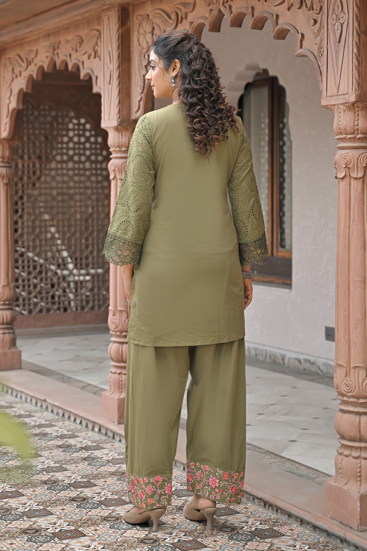Olive Green Cotton Shifli Embroidered Farshi Suit Set With Dupatta