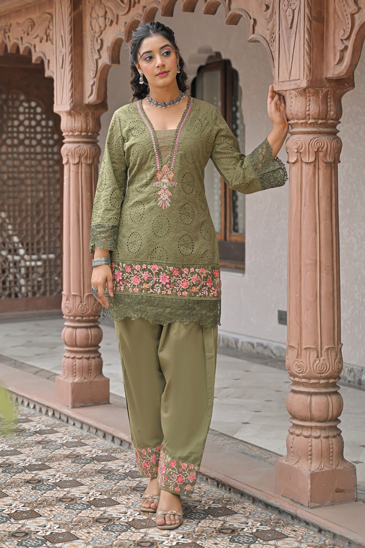 Olive Green Cotton Shifli Embroidered Farshi Suit Set With Dupatta