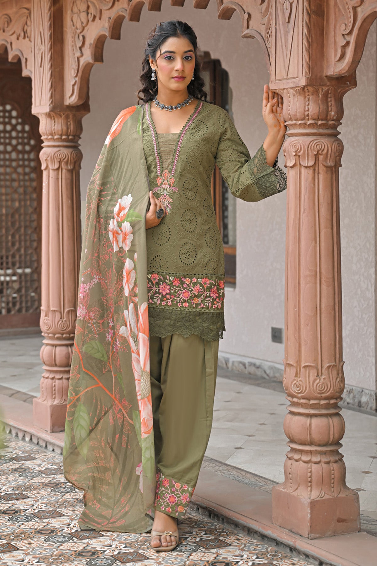 Olive Green Cotton Shifli Embroidered Farshi Suit Set With Dupatta