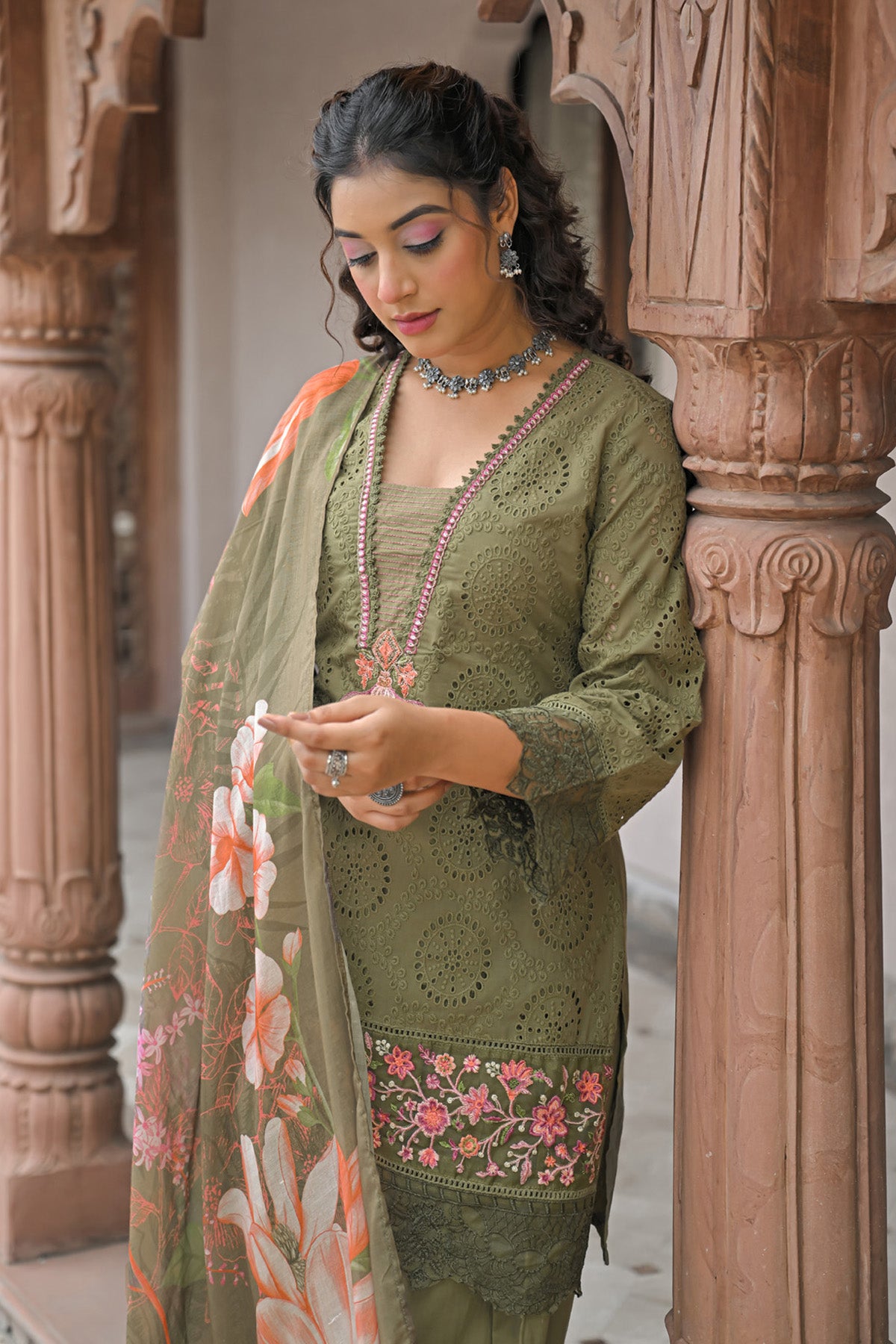 Olive Green Cotton Shifli Embroidered Farshi Suit Set With Dupatta