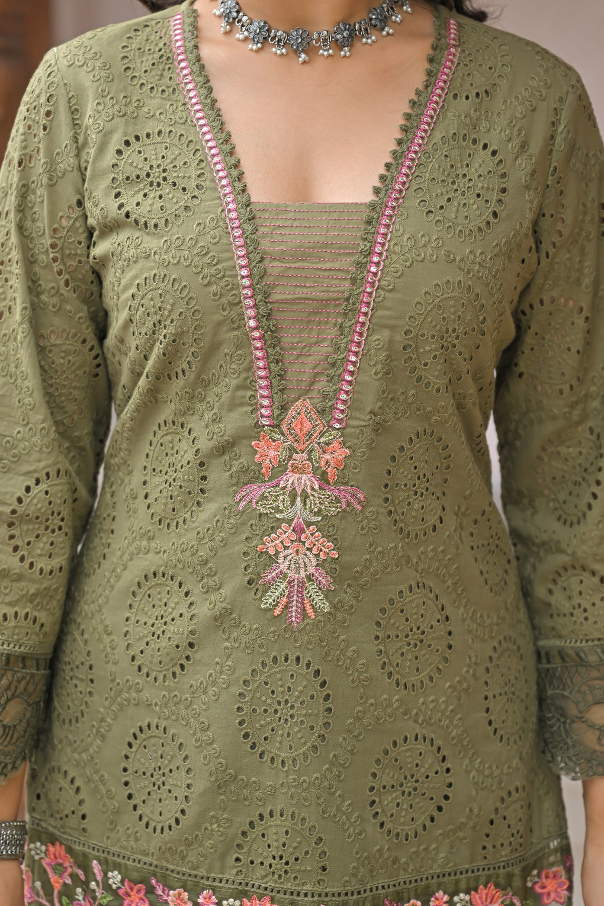 Olive Green Cotton Shifli Embroidered Farshi Suit Set With Dupatta