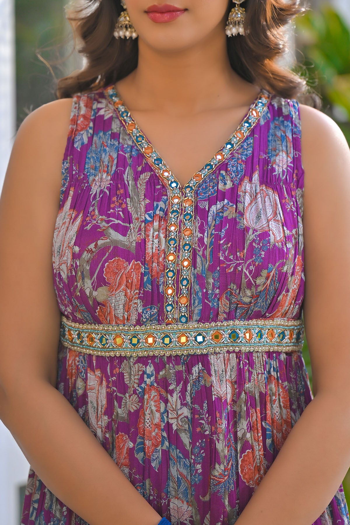 Purple Multicolor Chinon Handwork Suit Set