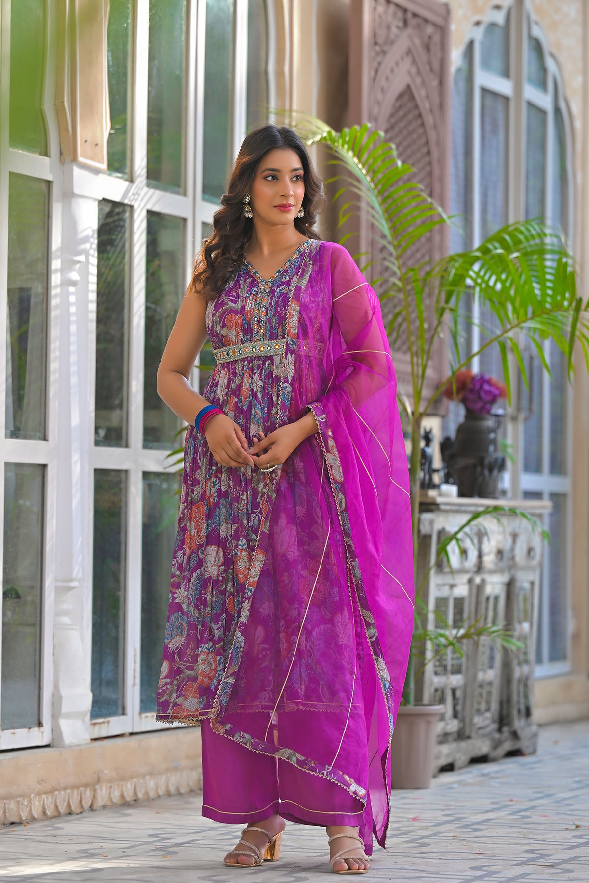 Purple Multicolor Chinon Handwork Suit Set
