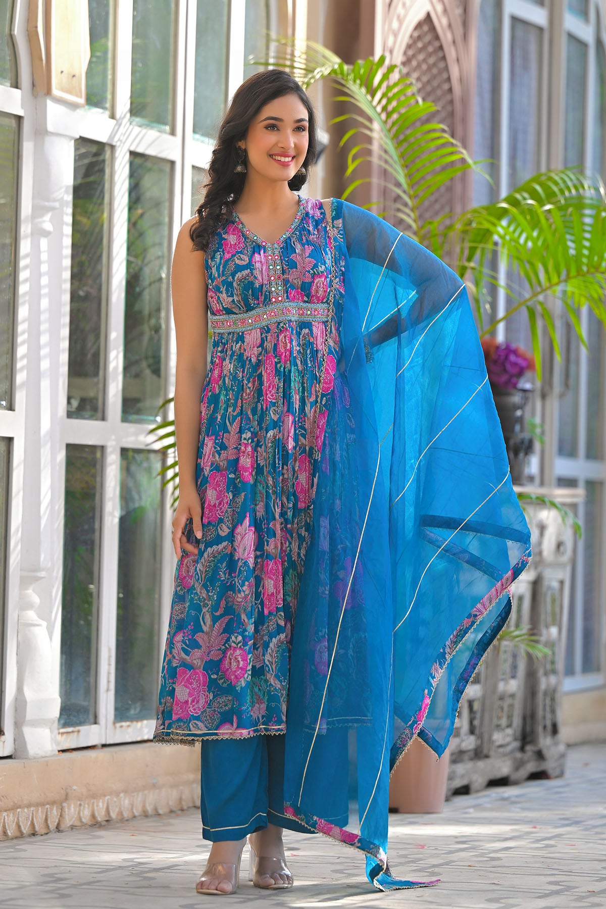 Blue Multicolor Chinon Handwork Suit Set