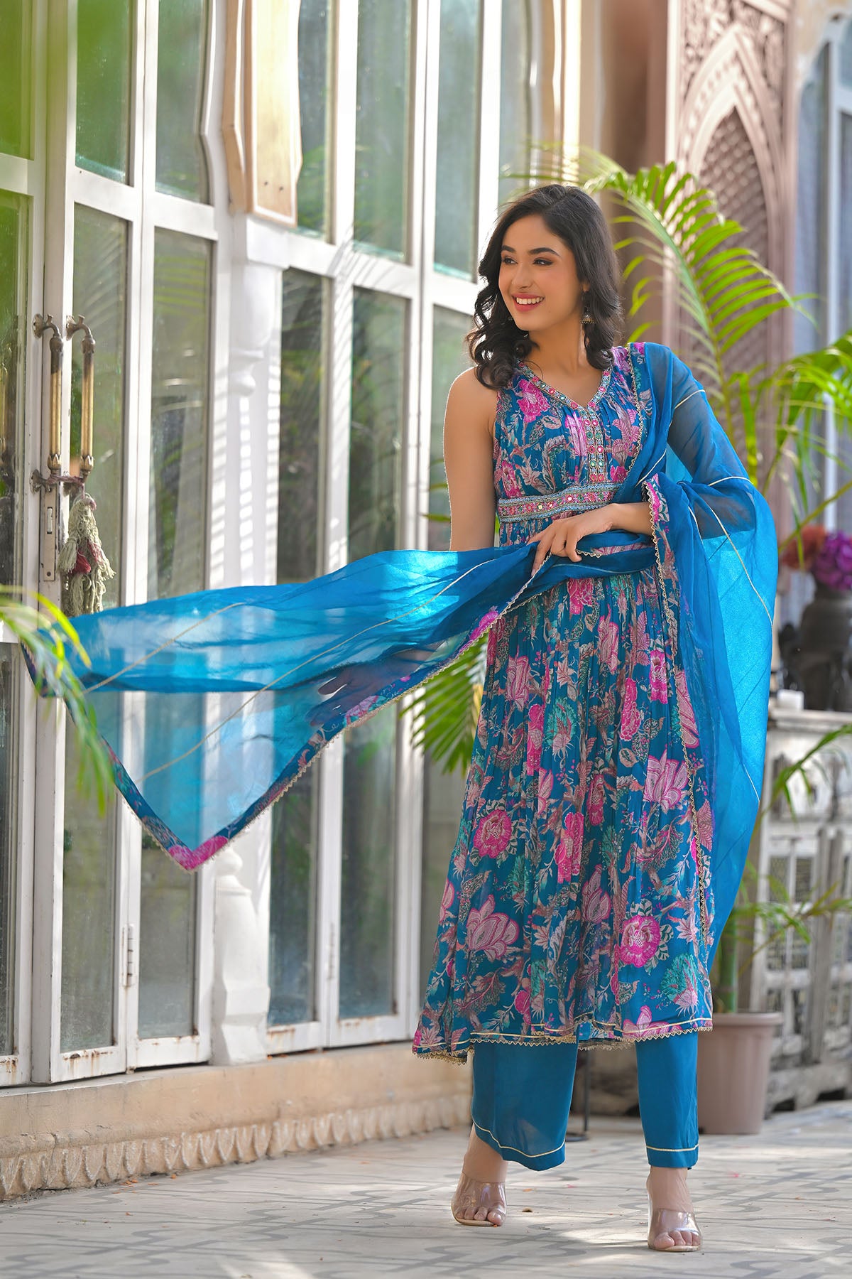 Blue Multicolor Chinon Handwork Suit Set