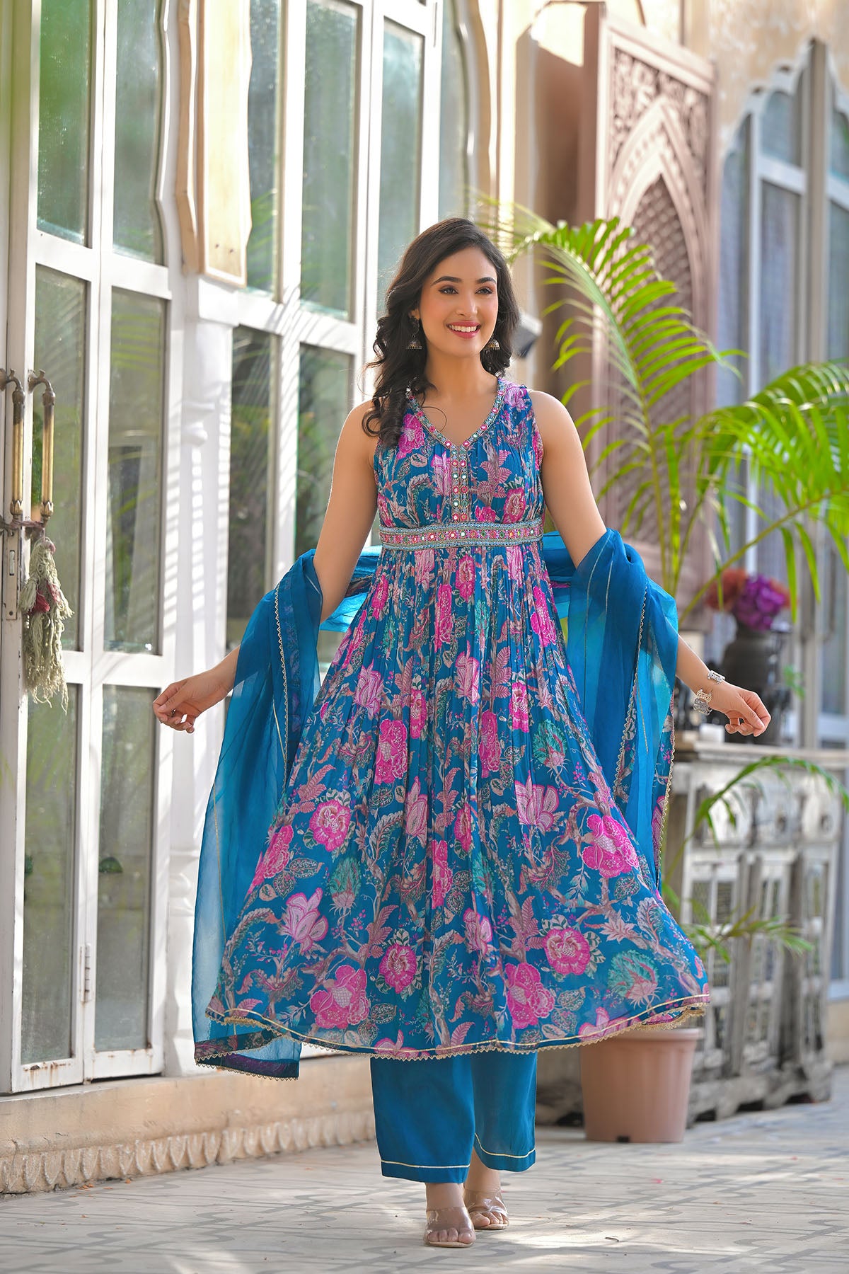 Blue Multicolor Chinon Handwork Suit Set