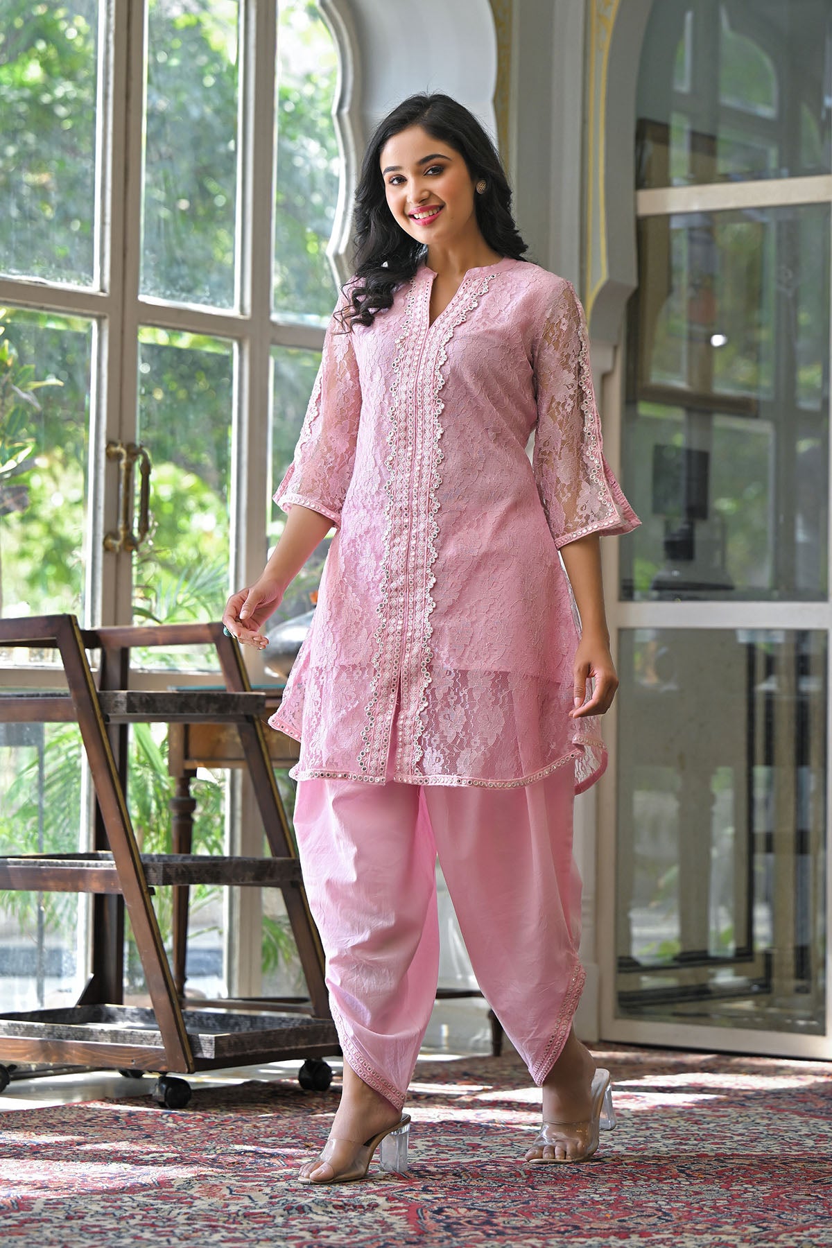 Pink Schiffli Net Embroidered Co-Ord Set