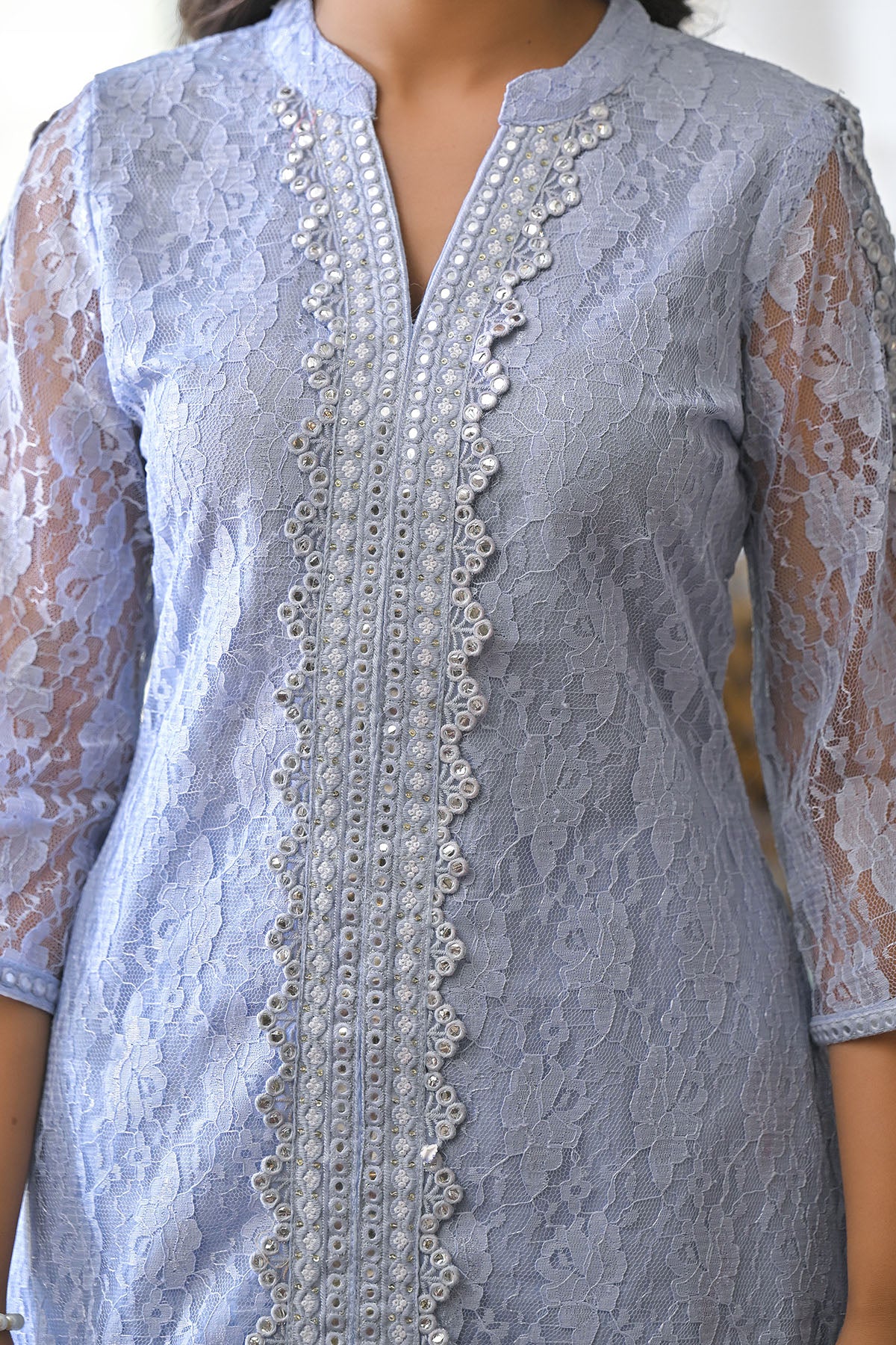 Blue Schiffli Net Embroidered Co-Ord Set