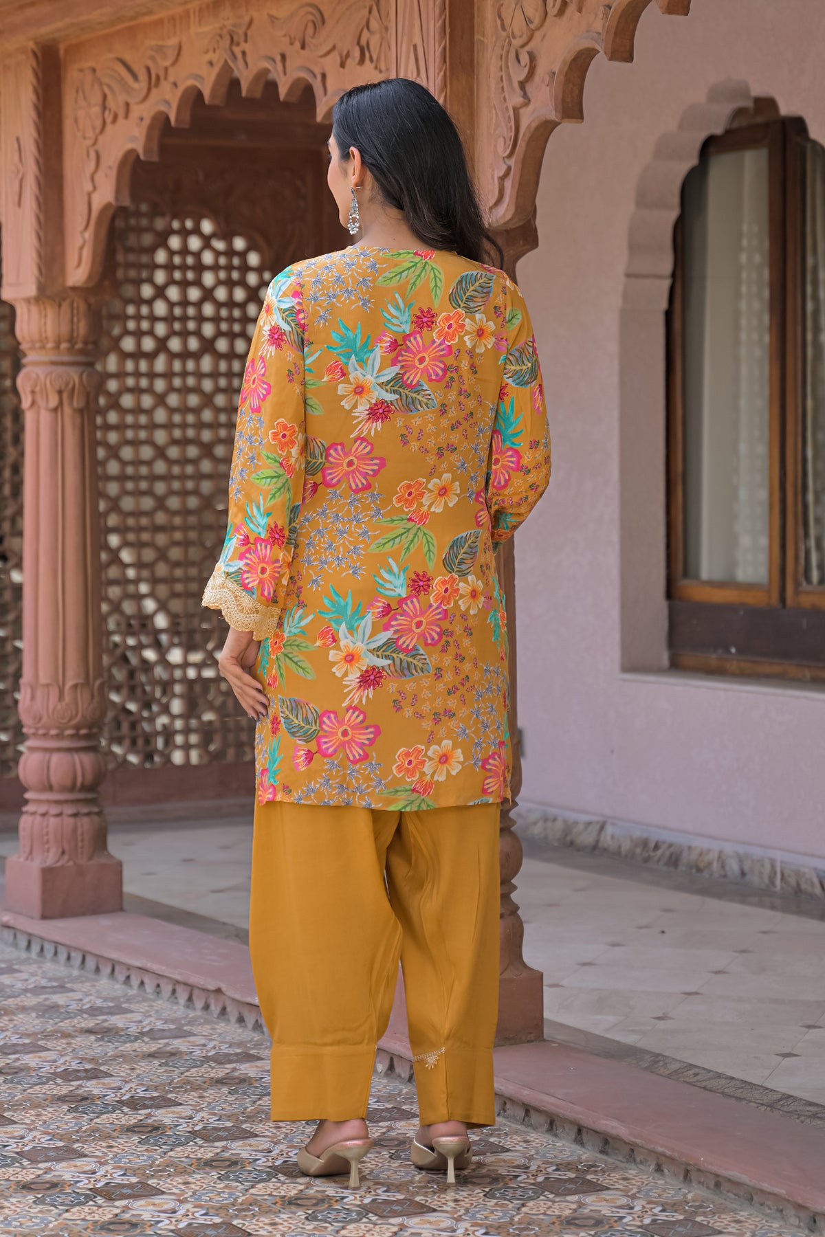 Yellow Crepe Embroidered Farsi Suit Set With Dupatta