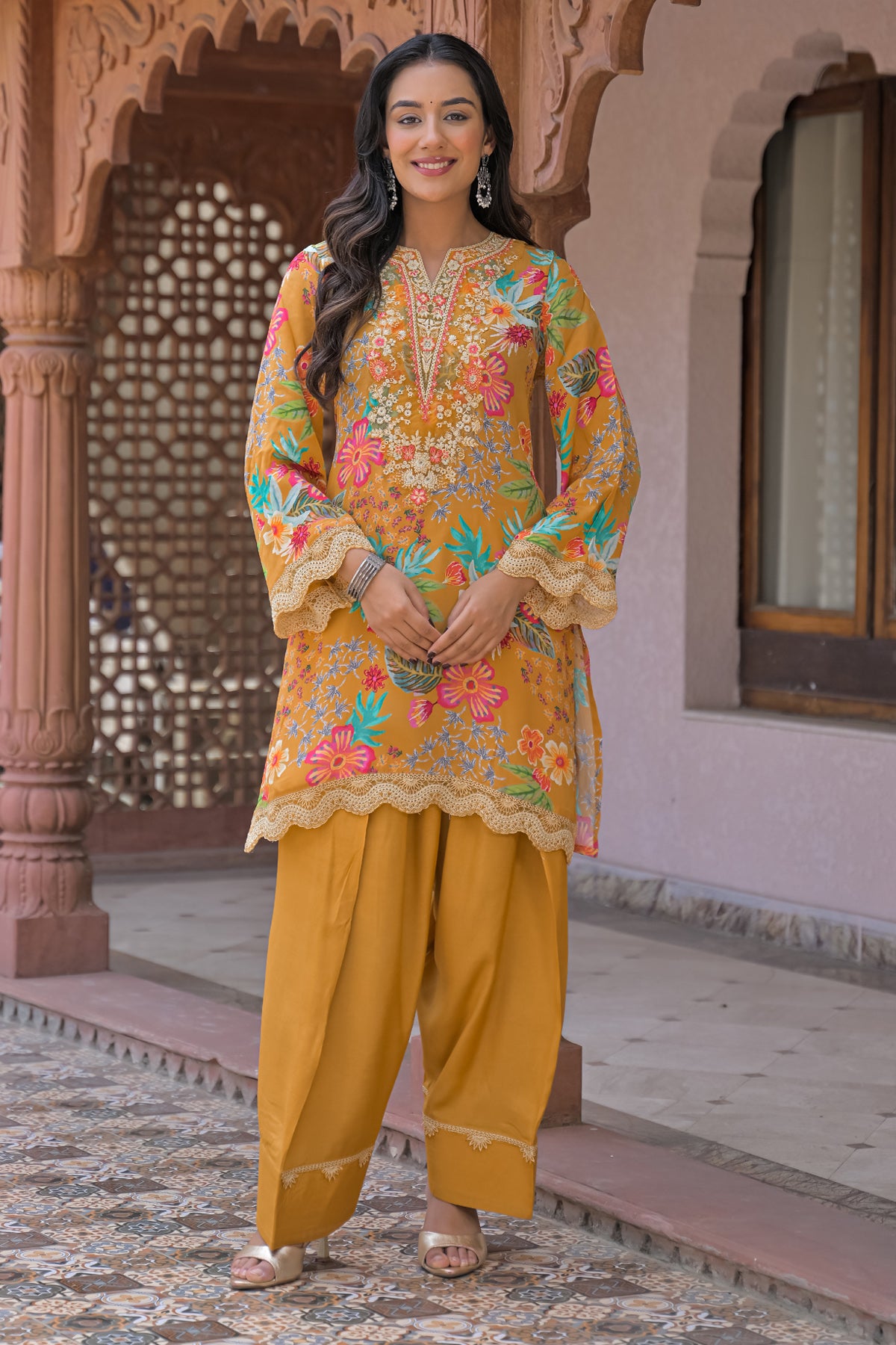 Yellow Crepe Embroidered Farsi Suit Set With Dupatta