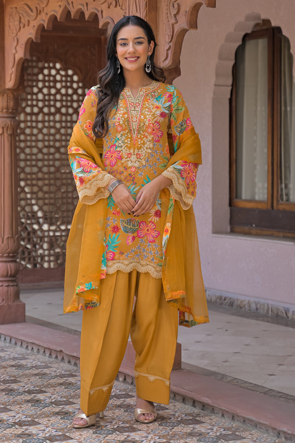 Yellow Crepe Embroidered Farsi Suit Set With Dupatta