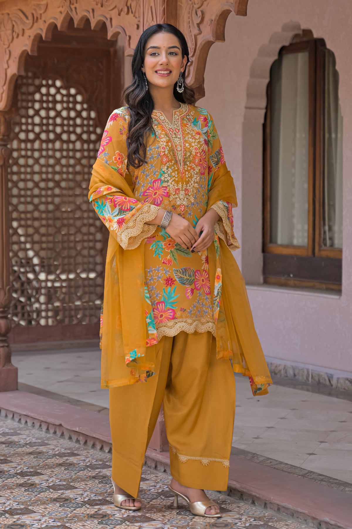 Yellow Crepe Embroidered Farsi Suit Set With Dupatta