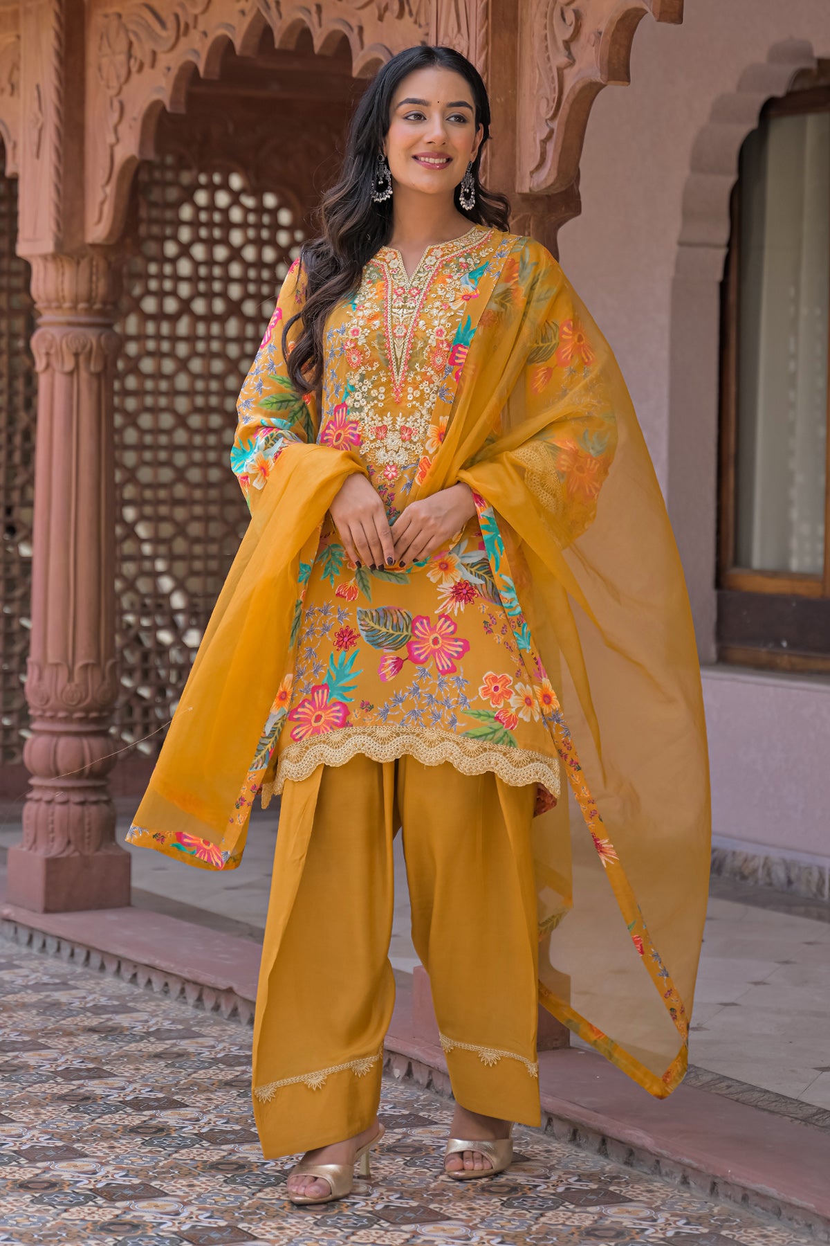 Yellow Crepe Embroidered Farsi Suit Set With Dupatta
