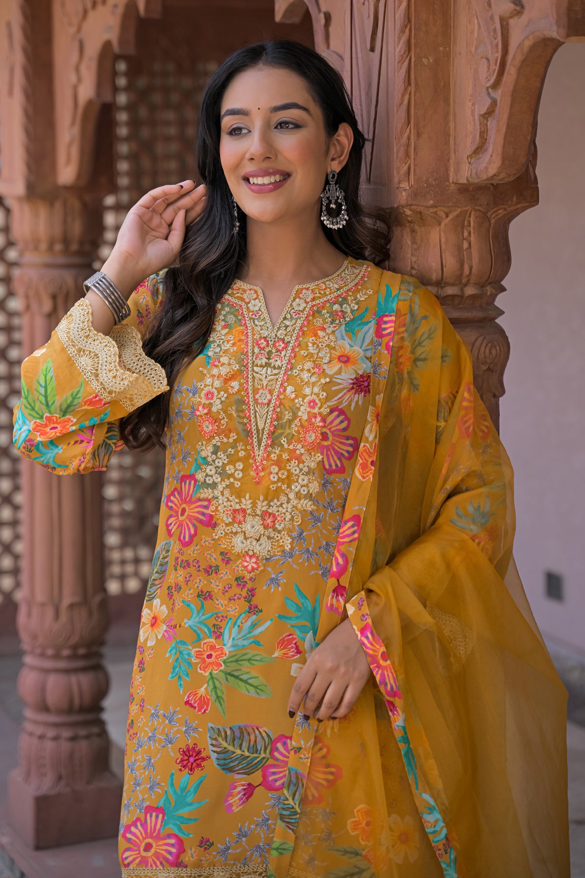 Yellow Crepe Embroidered Farsi Suit Set With Dupatta