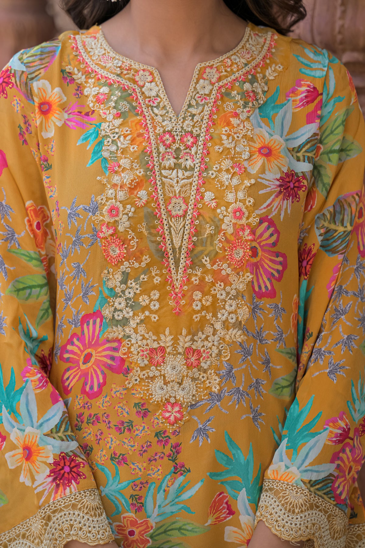 Yellow Crepe Embroidered Farsi Suit Set With Dupatta