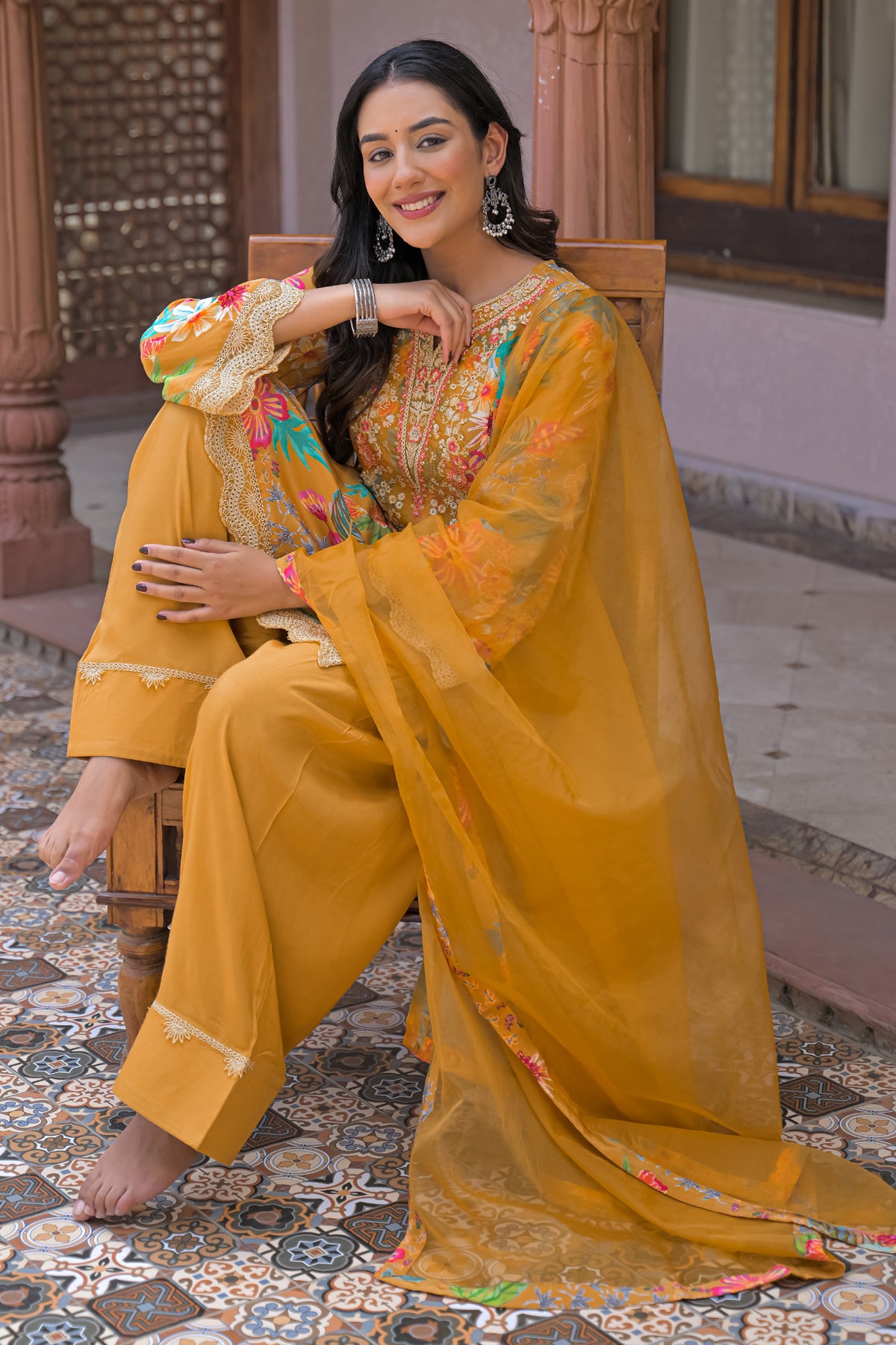 Yellow Crepe Embroidered Farsi Suit Set With Dupatta