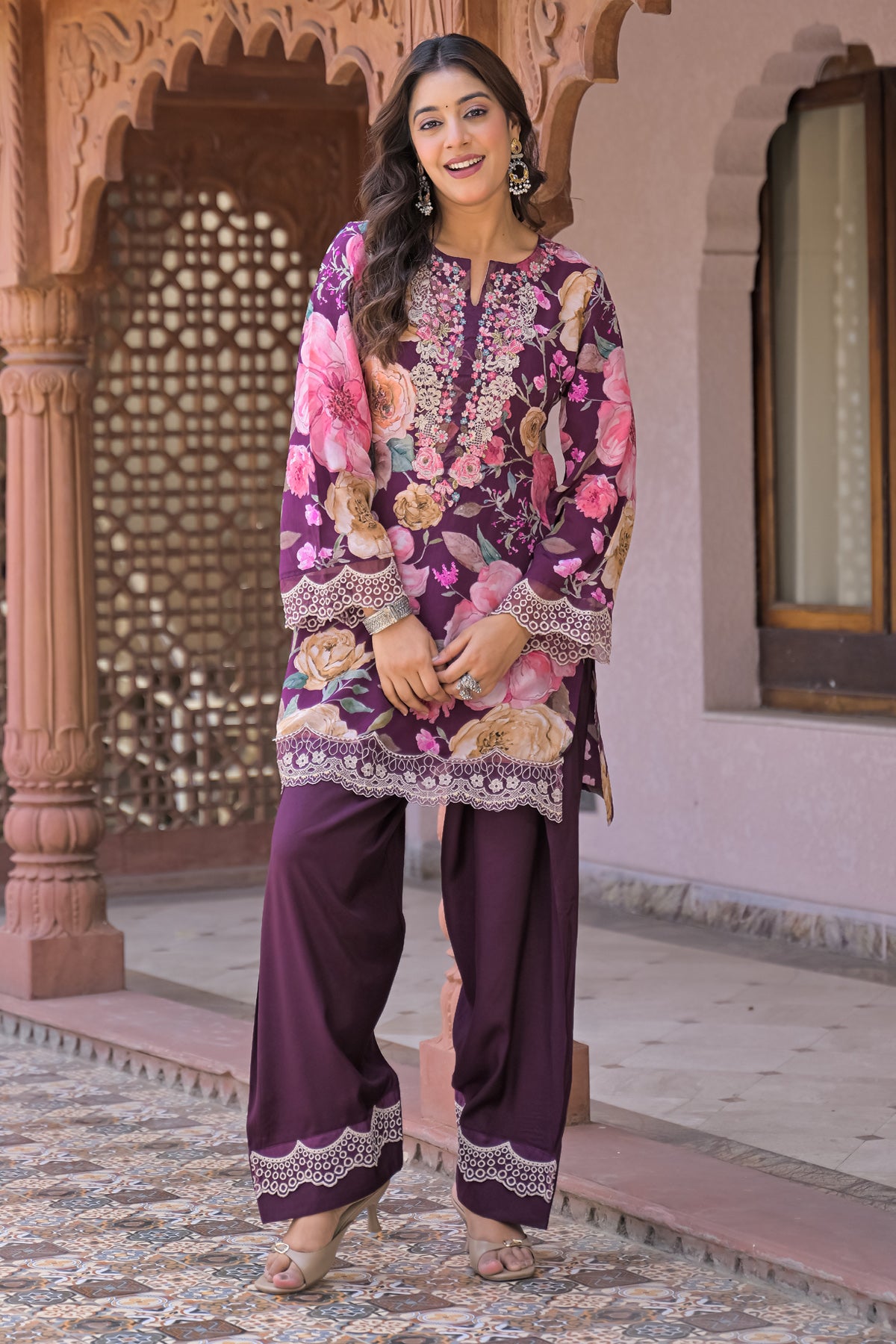 Maroon Embroidered Suit Set With Dupatta