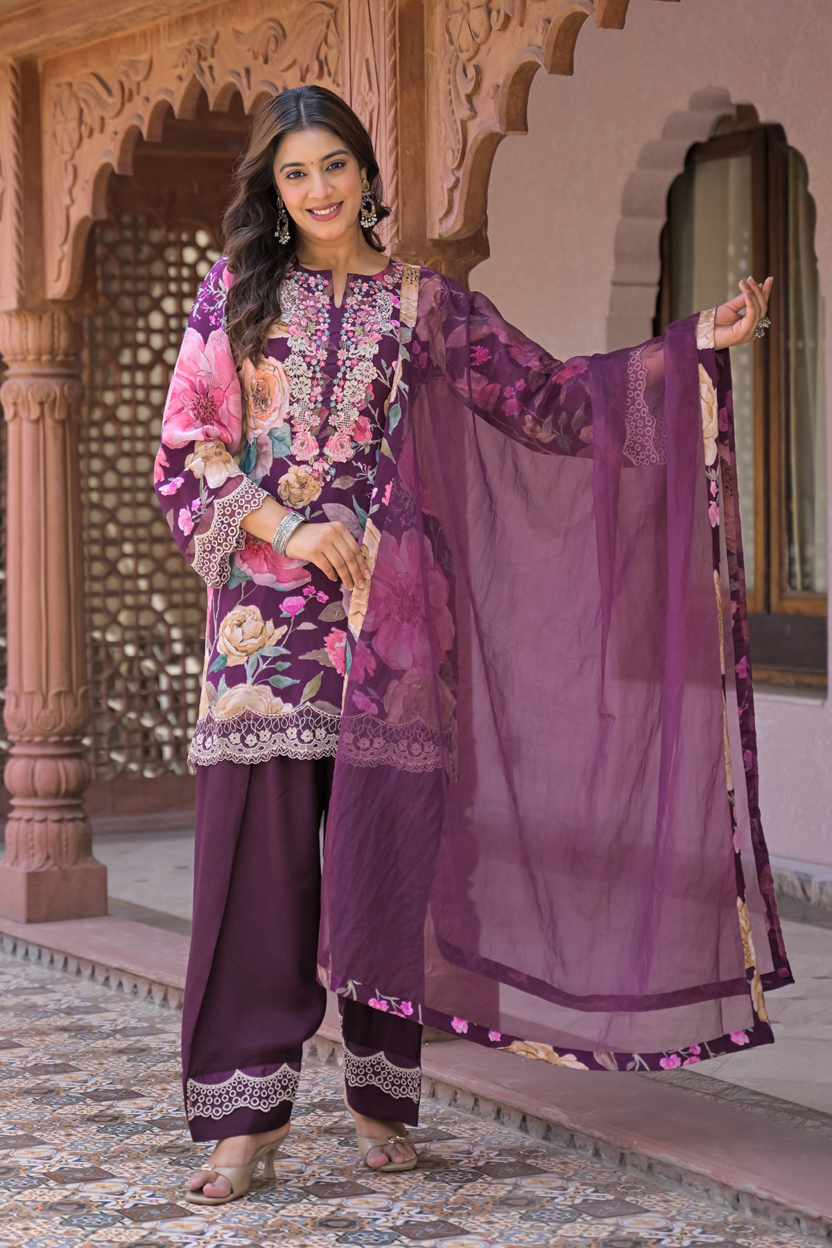 Maroon Embroidered Suit Set With Dupatta