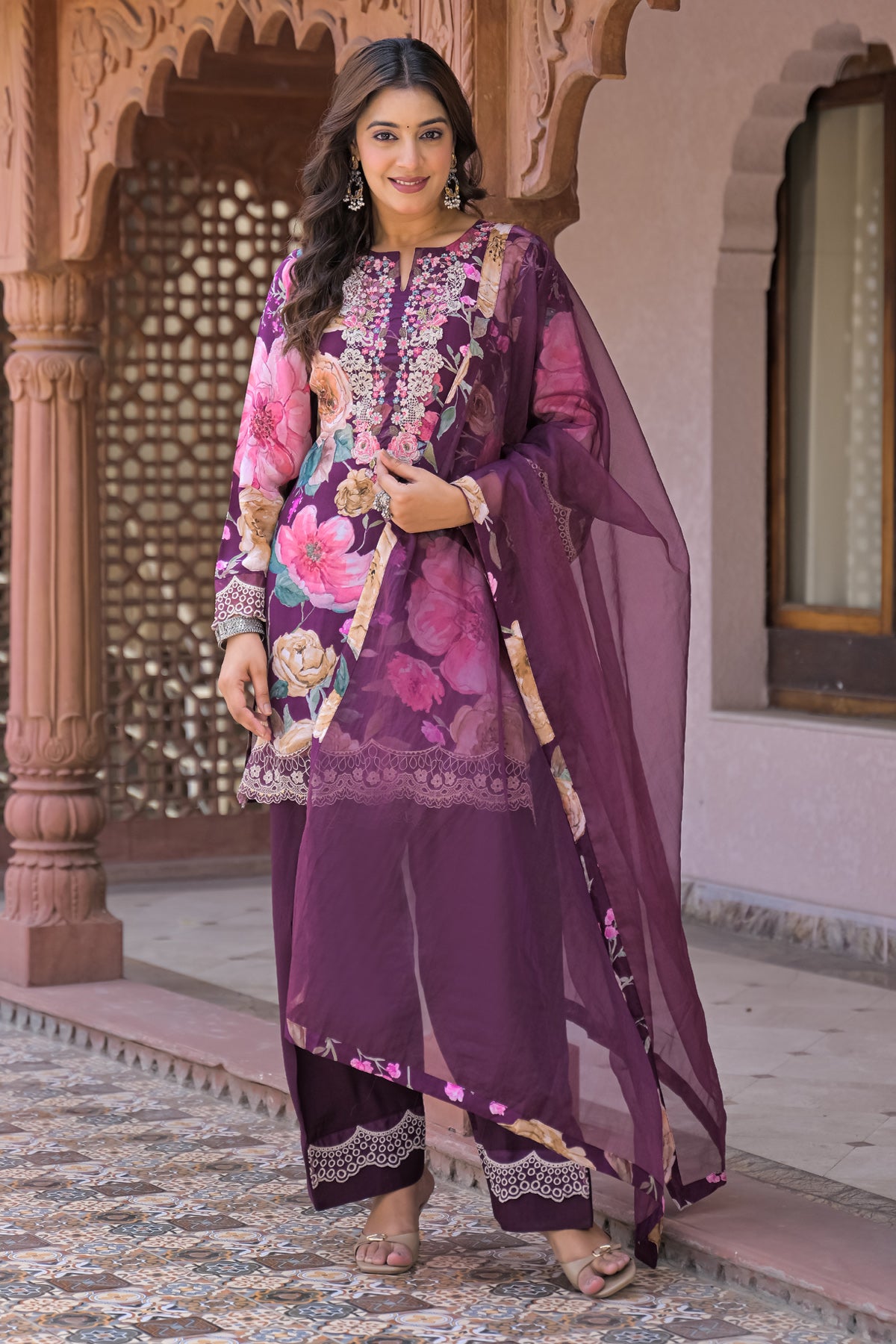 Maroon Embroidered Suit Set With Dupatta