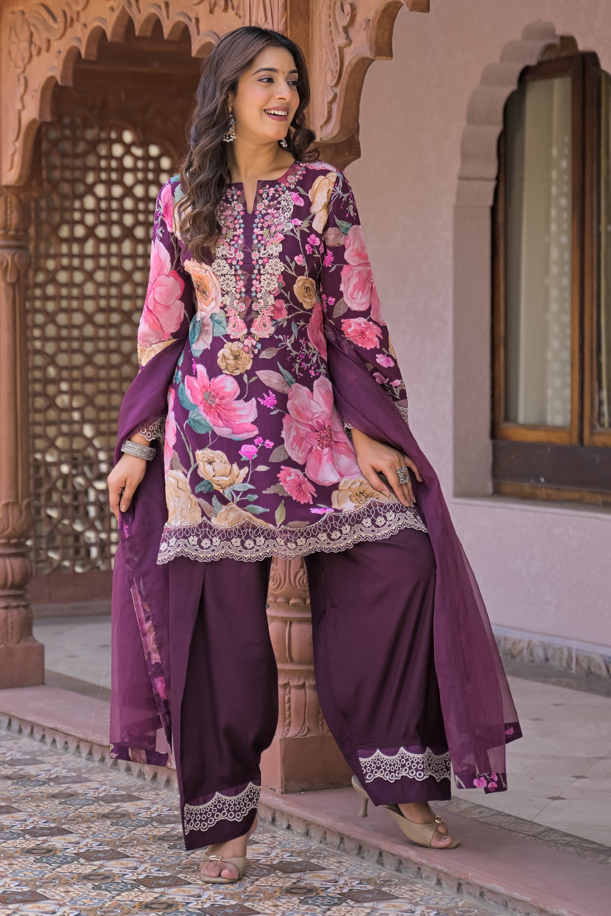 Maroon Embroidered Suit Set With Dupatta