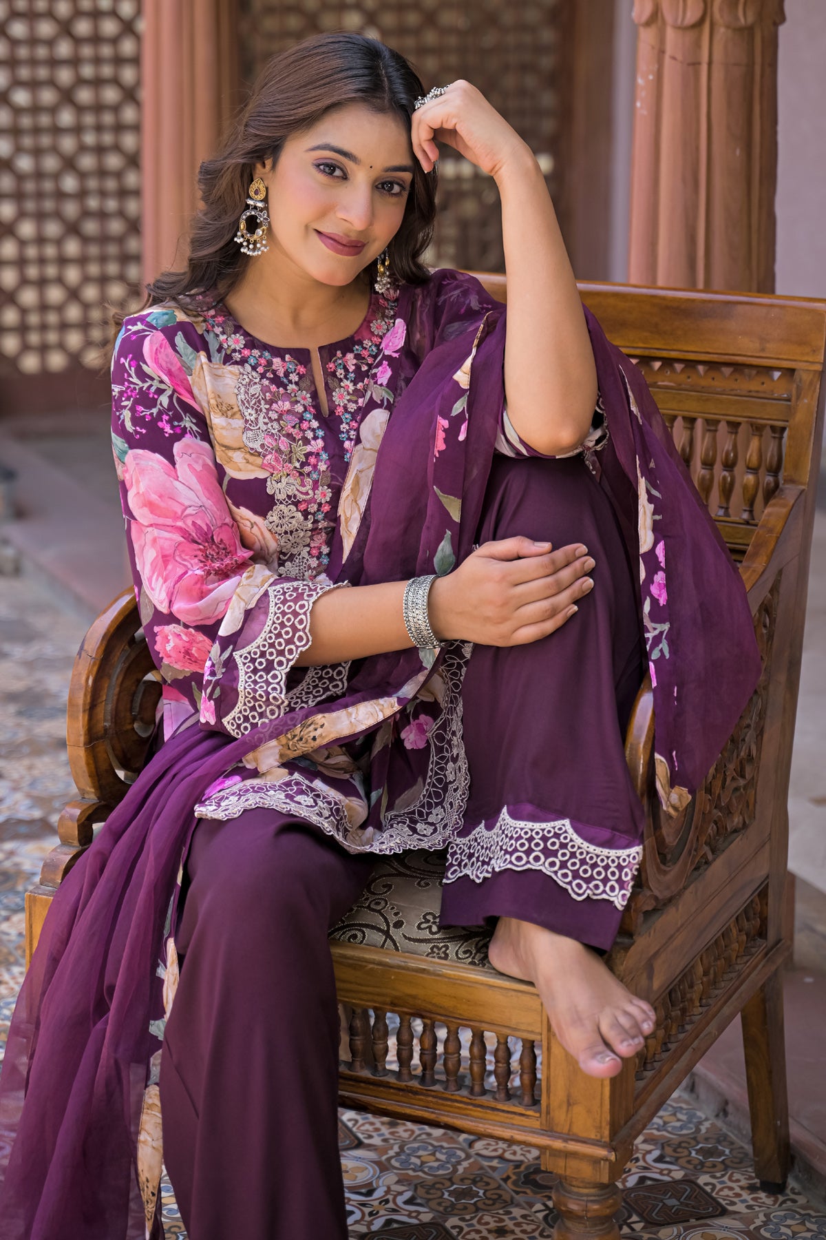 Maroon Embroidered Suit Set With Dupatta