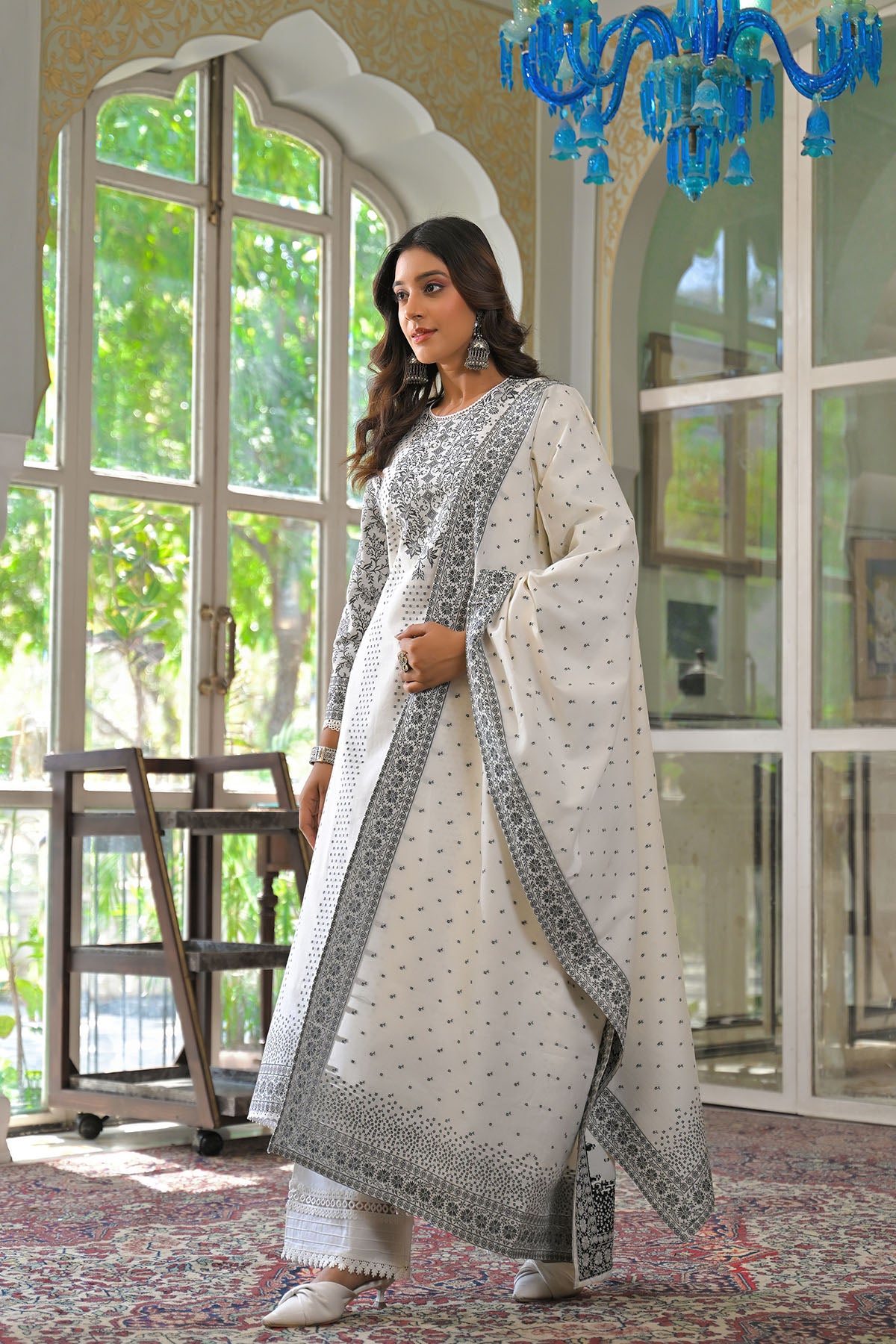 White Straight Cotton Embroidered Suit